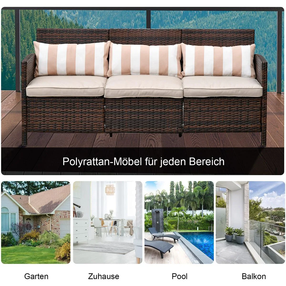 Rattan Loungesofa als 3-Sitzer braun/grau - 5