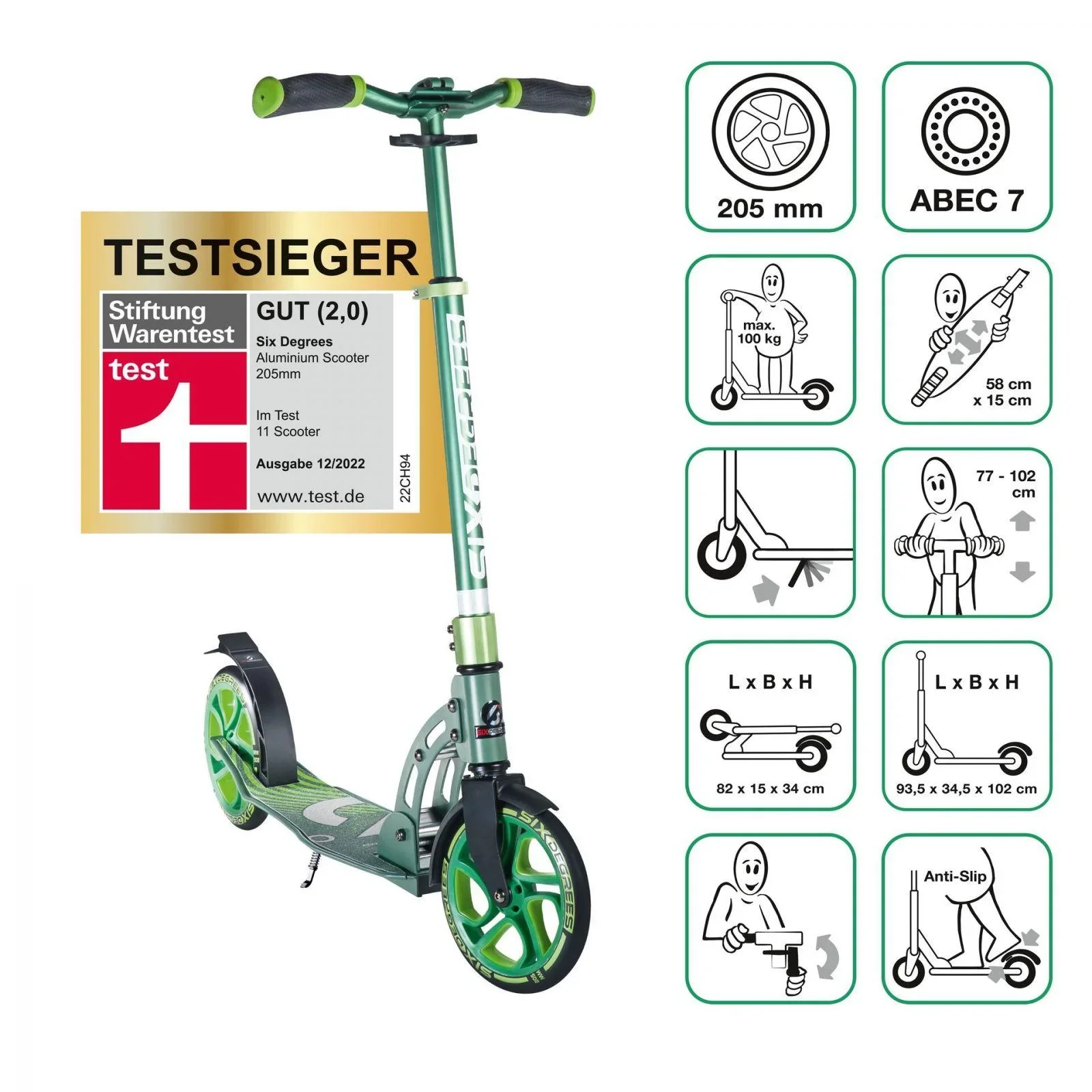 Aluminium Scooter mit Klappmechanismus und Ständer, 205 mm, ABEC 7, höhenverstellbar, grün - 4