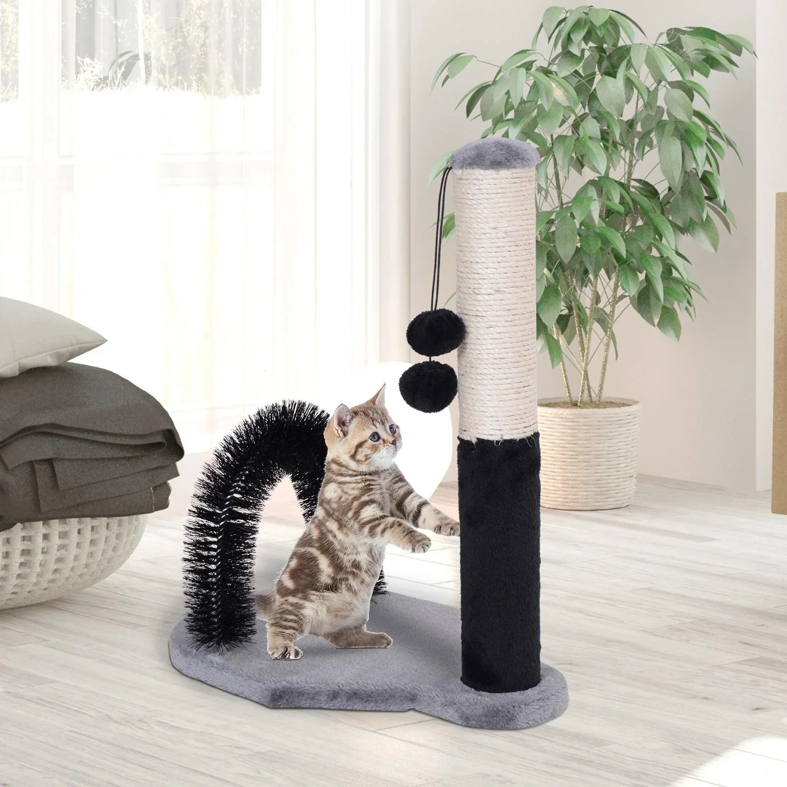 Kratzbaum Katzenkratzbaum Kratzsäule mit Bällen Massagebogen Holz+Sisal+Plüsch Schwarz+Grau+Beige 48x30x52cm - 4