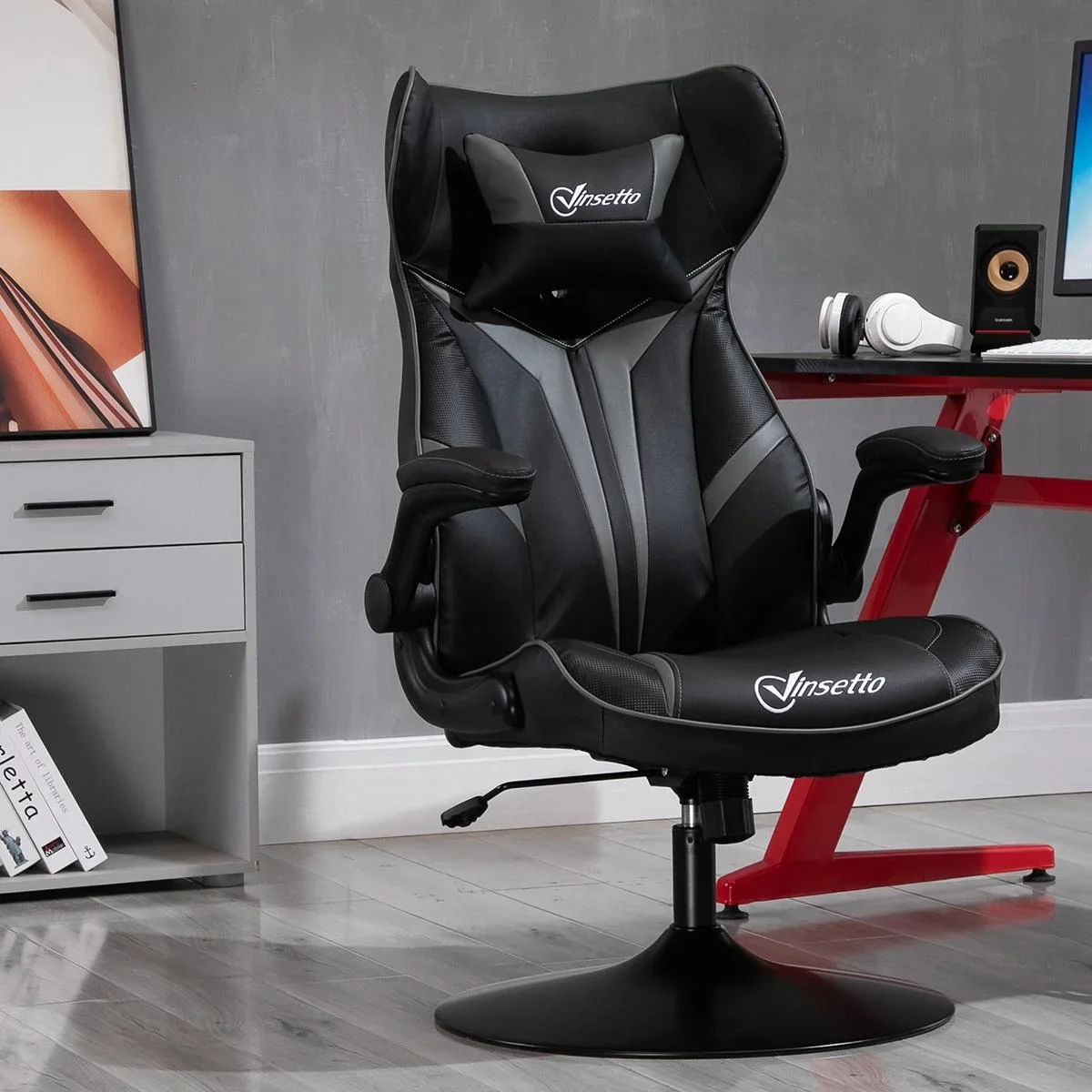 Gaming Stuhl Ergonomischer Computerstuhl mit Wippenfunktion Drehstuhl höhenverstellbar Stahl Schwarz+Grau 67 x 75 x 106- - 0