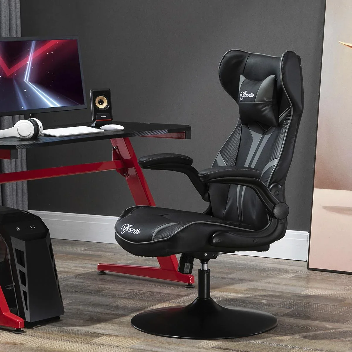 Gaming Stuhl Ergonomischer Computerstuhl mit Wippenfunktion Drehstuhl höhenverstellbar Stahl Schwarz+Grau 67 x 75 x 106- - 1