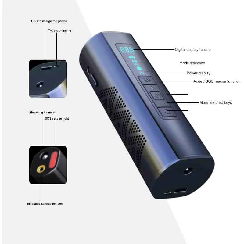 Pure4u CAR3 Tragbarer Kompressor - Elektrische Reifenpumpe - USB Wiederaufladbar - LED - Powerbank - 5