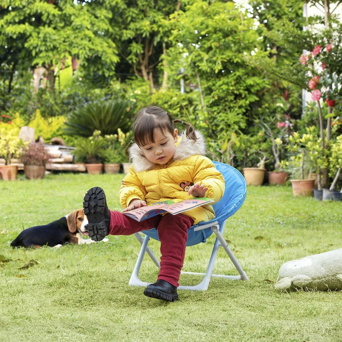 Campingstuhl faltbar Kinder Klappstuhl Mondstuhl drinnen und draußen für 3 bis 5 Jahre Kinder stahlblau Ø50 x 49H cm - 0