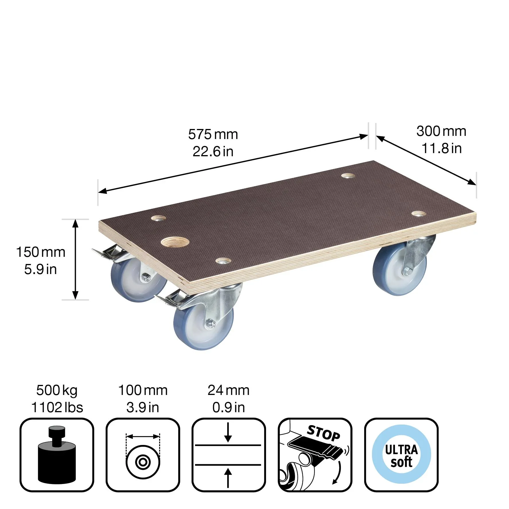 Transporthilfe MM 1341, 57,5 x 30 x 15 cm, harte Rollen Ø 100 mm, Rollenlager, 2 Bremsen, Platte FSC®, Tragkraft 500 kg - 1