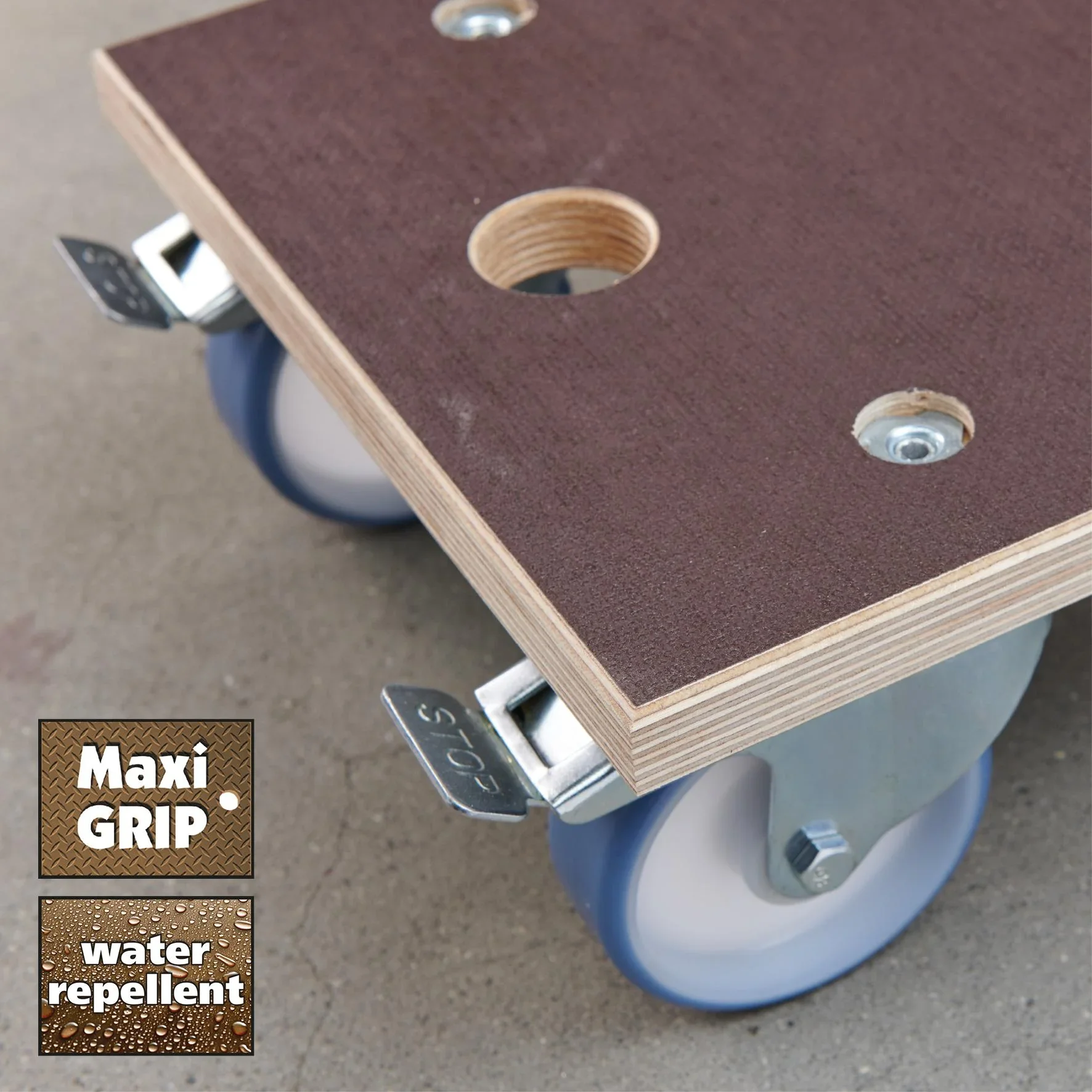 Transporthilfe MM 1341, 57,5 x 30 x 15 cm, harte Rollen Ø 100 mm, Rollenlager, 2 Bremsen, Platte FSC®, Tragkraft 500 kg - 6