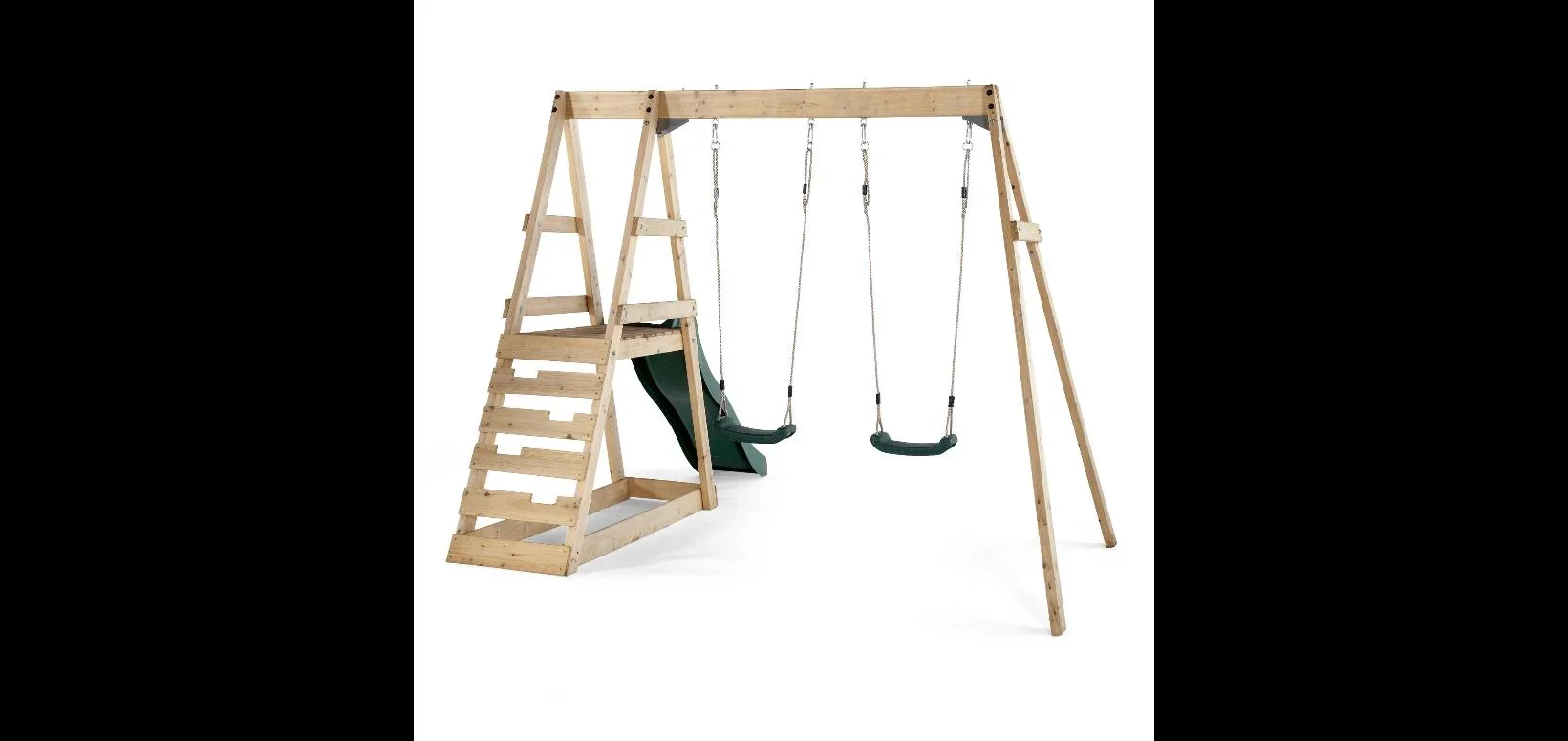Holz Klettergerüst Tamarin, Outdoor-Klettergerüst für Kinder, Doppelschaukel, Leiter, Rutsche, natur - 0