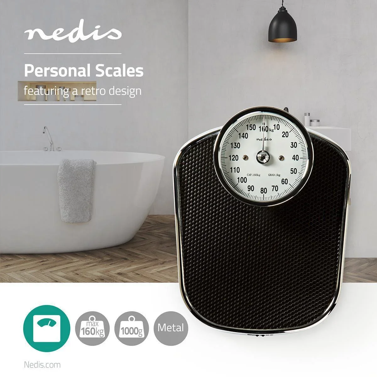 Nedis Personenwaage - Analog - Schwarz - Gummi - Rutschfeste Wägeplattform - Maximale Gewichtskapazität 160 kg - 3