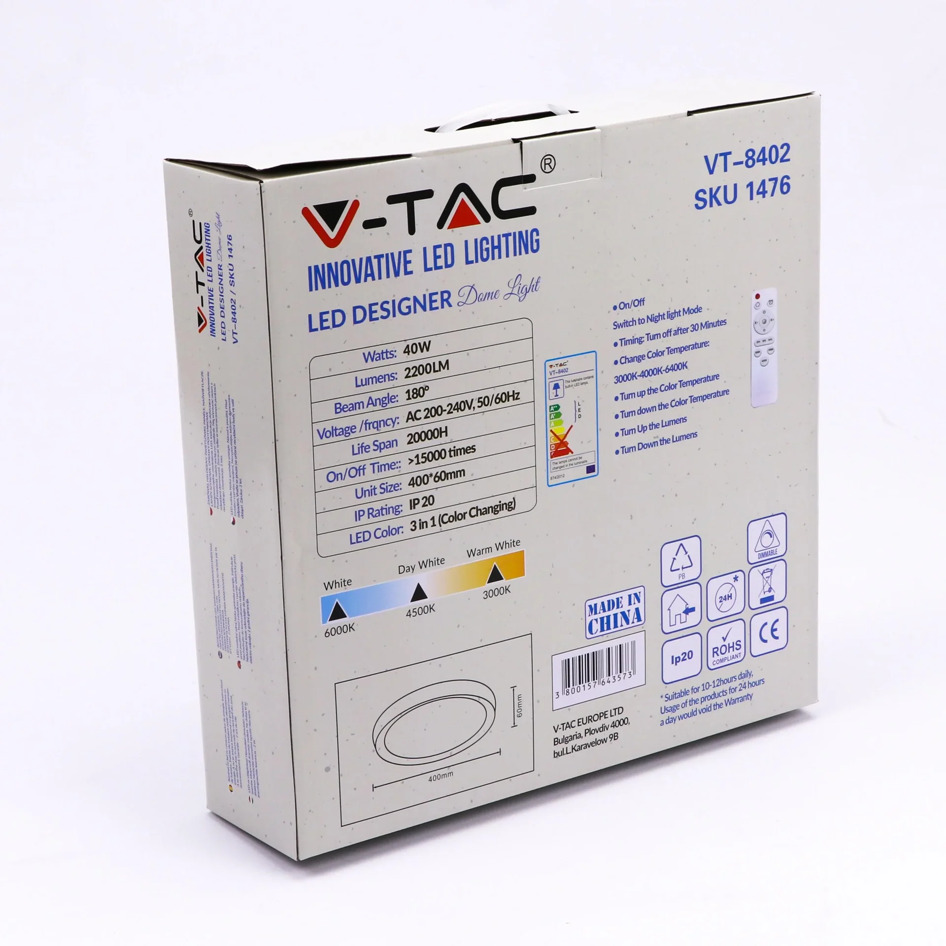 VT-8402 LED-Deckenleuchte mit Fernbedienung - 40W - Farbtemperatur einstellbar - F400 - 0