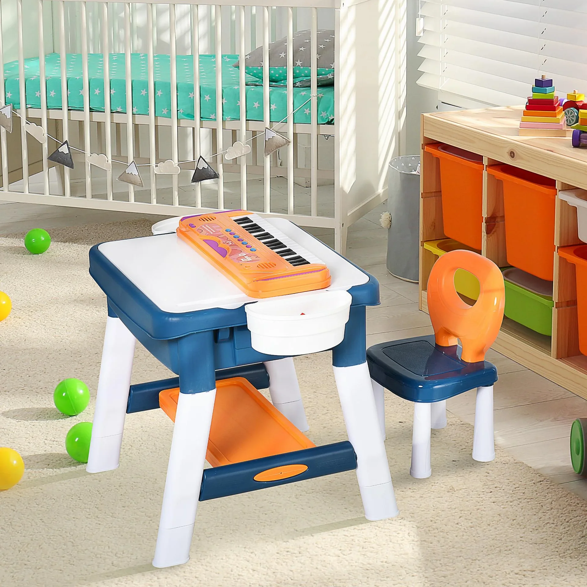 2-in-1 Kinderspieltisch mit Keyboard und Bausteinen - 1