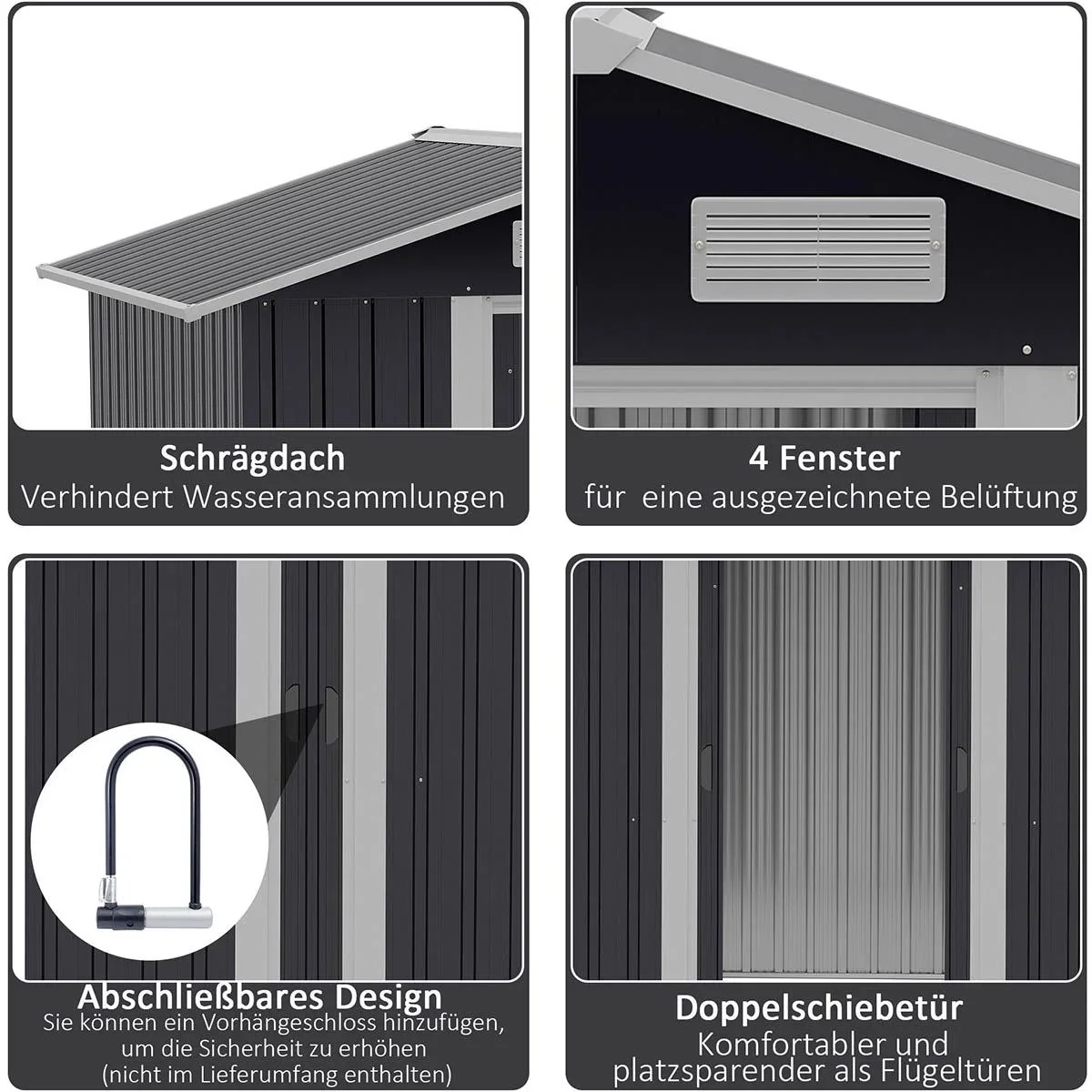 Gerätehaus mit 2 Schiebetüren Metall Gartenhaus 2,6 m² Geräteschuppen verzinkter Stahl Dunkelgrau 195,5 x 153 x 188 cm - 1