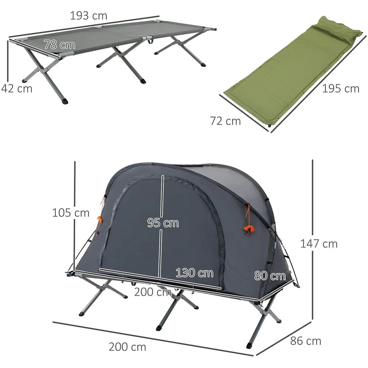 Campingzelt 1 Personen - inkl. Bett und Matratze - Grau - 200 x 86 x 147 cm - 0