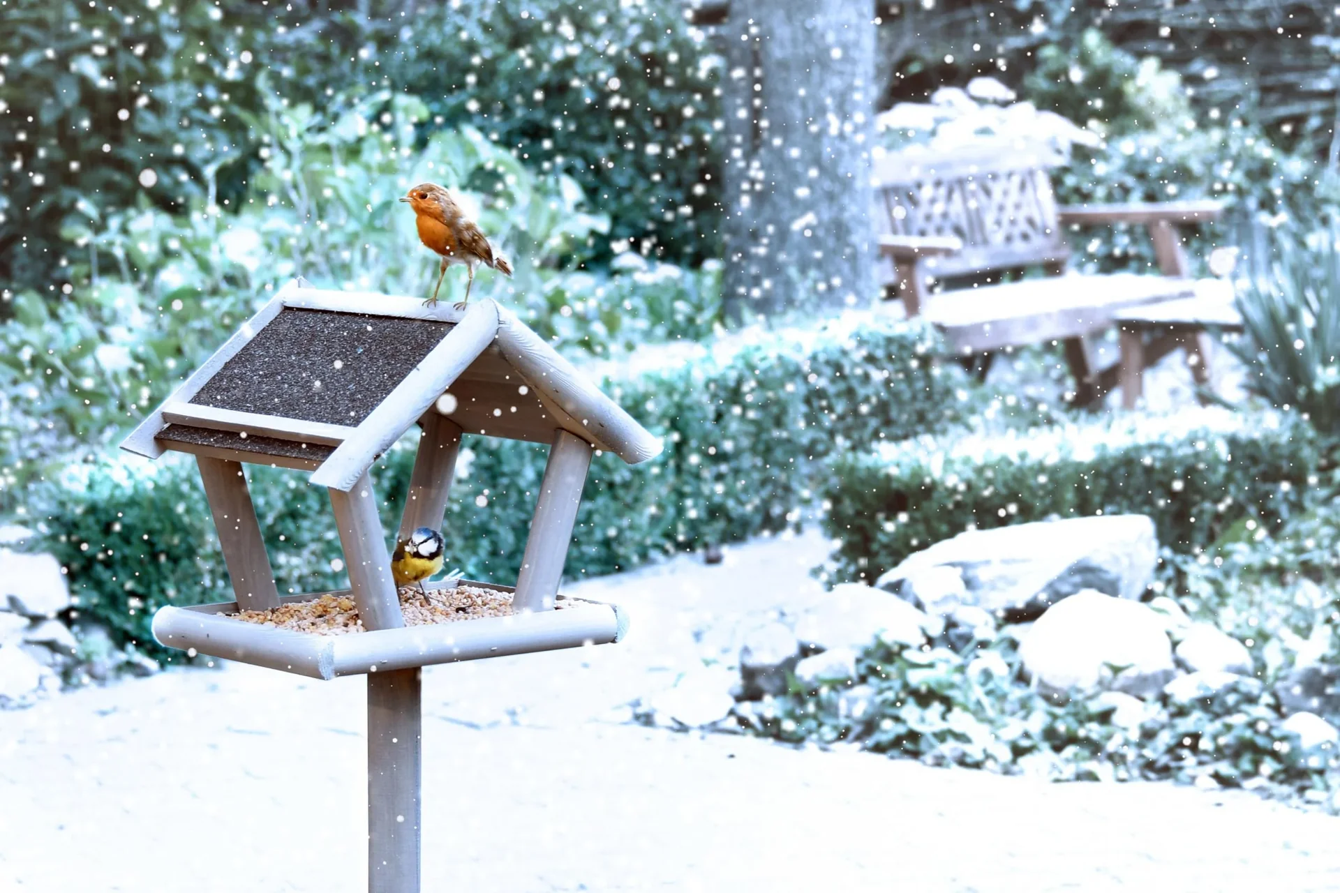Schweden Vogelfutterhaus auf Ständer schwedengrau lasiert - 0