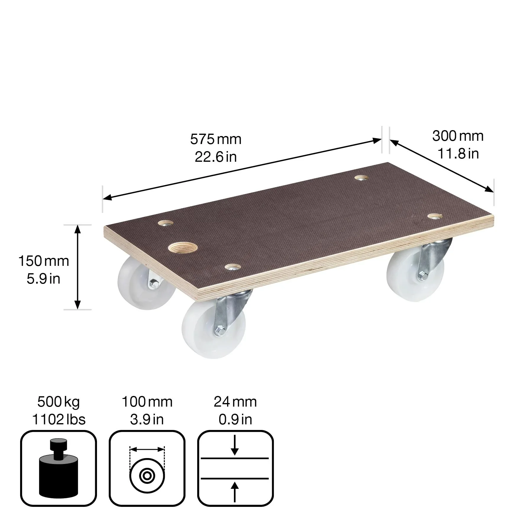 Transporthilfe MM 1143, 57,5 x 30 x 15 cm, harte Rollen Ø 100 mm, Rollenlager, Platte Maxigrip FSC®, Tragkraft 500 kg - 3
