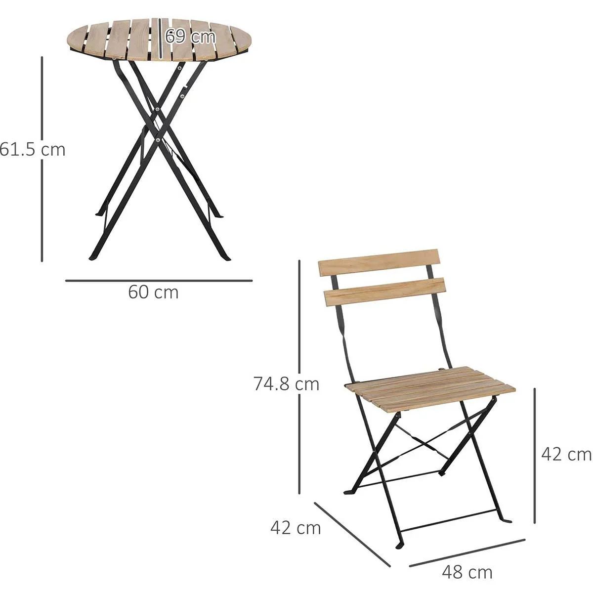 3-teiliges Bistro-Set, zusammenklappbar, Massivholz + Stahlrahmen, naturfarben - 1
