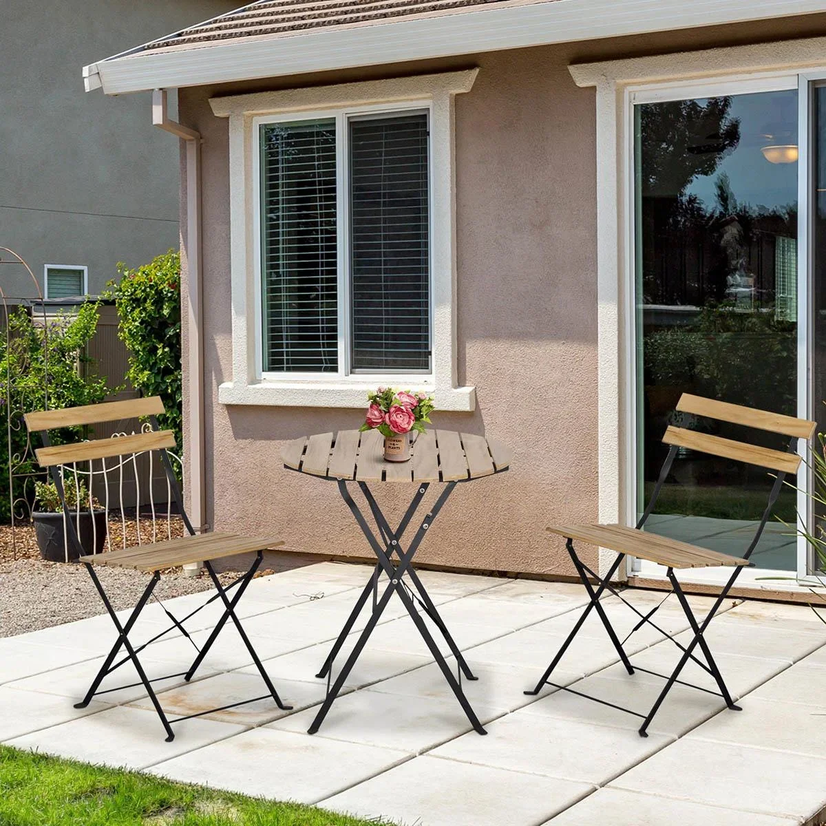 3-teiliges Bistro-Set, zusammenklappbar, Massivholz + Stahlrahmen, naturfarben - 2