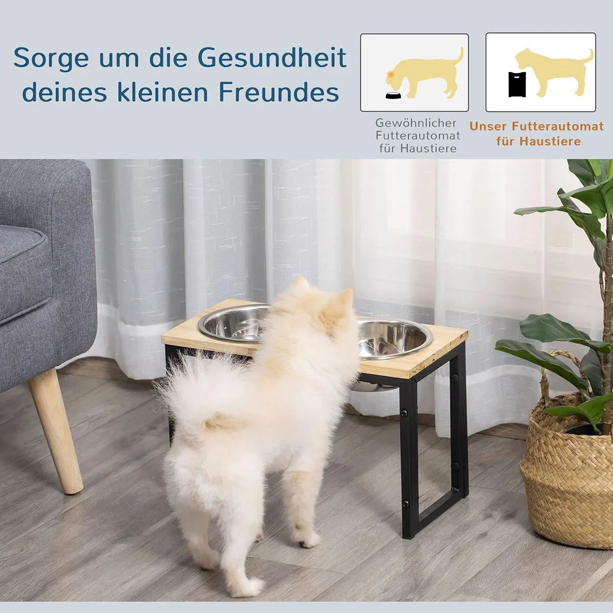 erhöhter Hundenapf Doppelnapf Futternapf mit Stahlnäpfen Haustier Fressnapf Kiefernholz Schwarz 43 x 21 x 27 cm - 0
