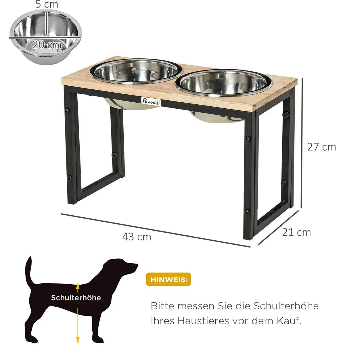 erhöhter Hundenapf Doppelnapf Futternapf mit Stahlnäpfen Haustier Fressnapf Kiefernholz Schwarz 43 x 21 x 27 cm - 1