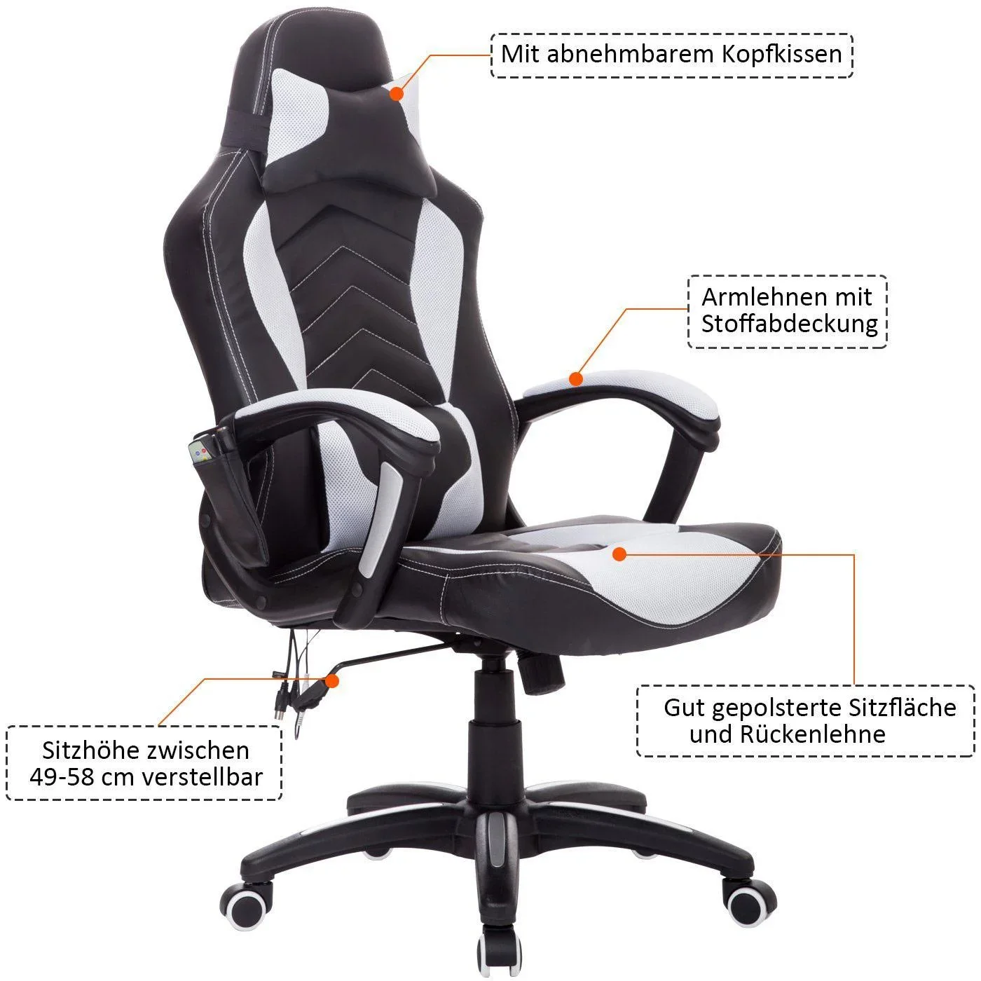 Bürostuhl Gaming Stuhl mit Massage- und Wärmefunktion schwarz-weiß - 1
