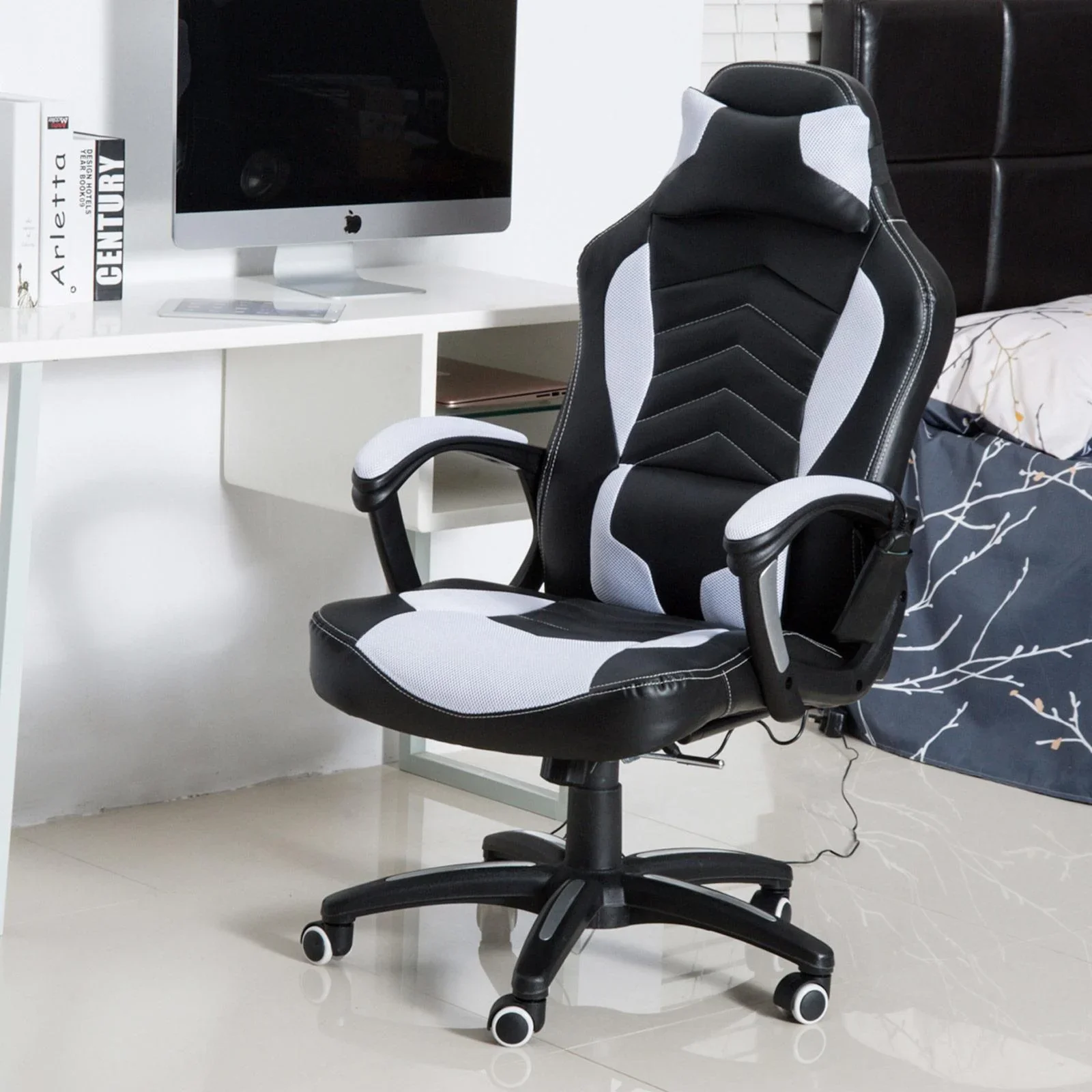 Bürostuhl Gaming Stuhl mit Massage- und Wärmefunktion schwarz-weiß - 2