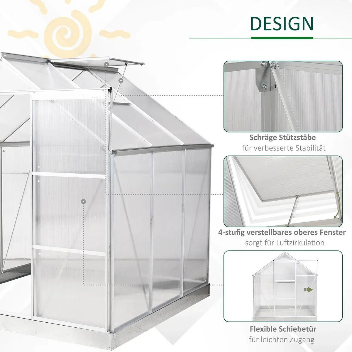 Aluminium Gewächshaus Gartenhaus mit Fenster Tür 193 x 187 x 205 cm 3,6 Pflanzenhaus inkl. Fundament Treibhaus Tomatenh - 3