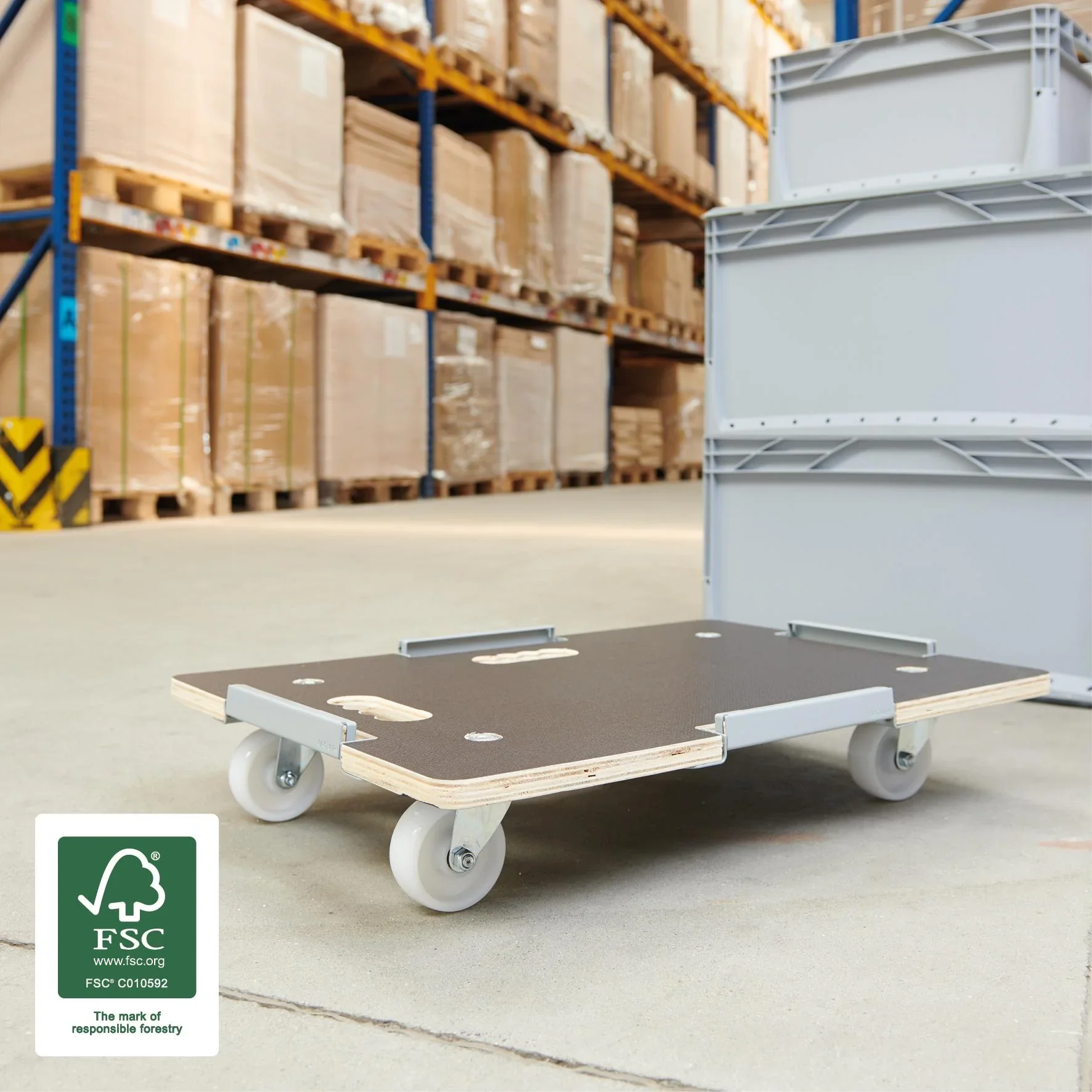 Transporthilfe MM 1381, 63 x 43 x 11 cm, harte Rollen Ø 75 mm, Rollenlager, Sicherung, Platte FSC®, Tragkraft 250 kg - 1