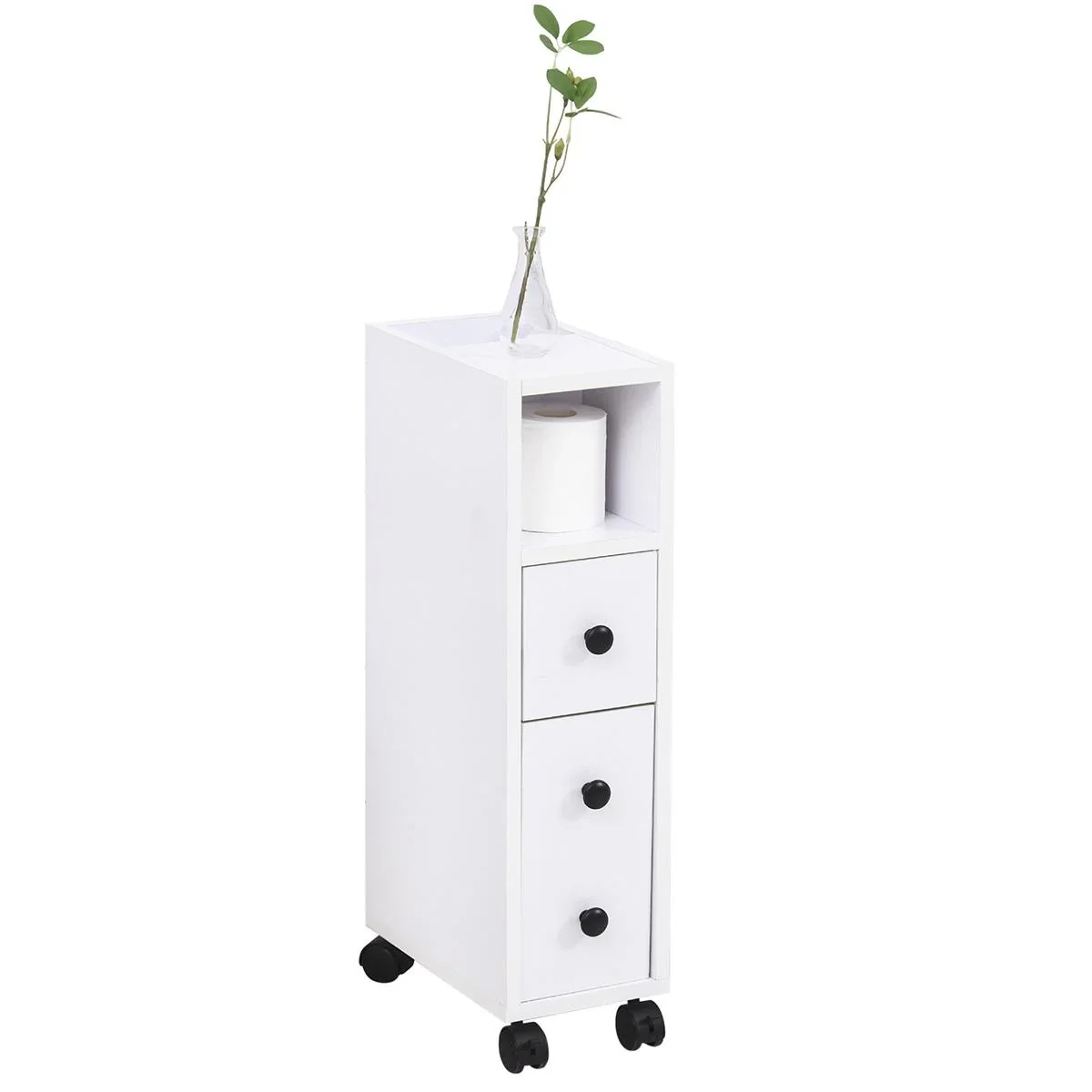 Badschrank Badezimmerschrank Badregal Kommode Standschrank zwei Schubfächer offenes Fach vier Räder Spanplatte Weiß 18x3 - 1