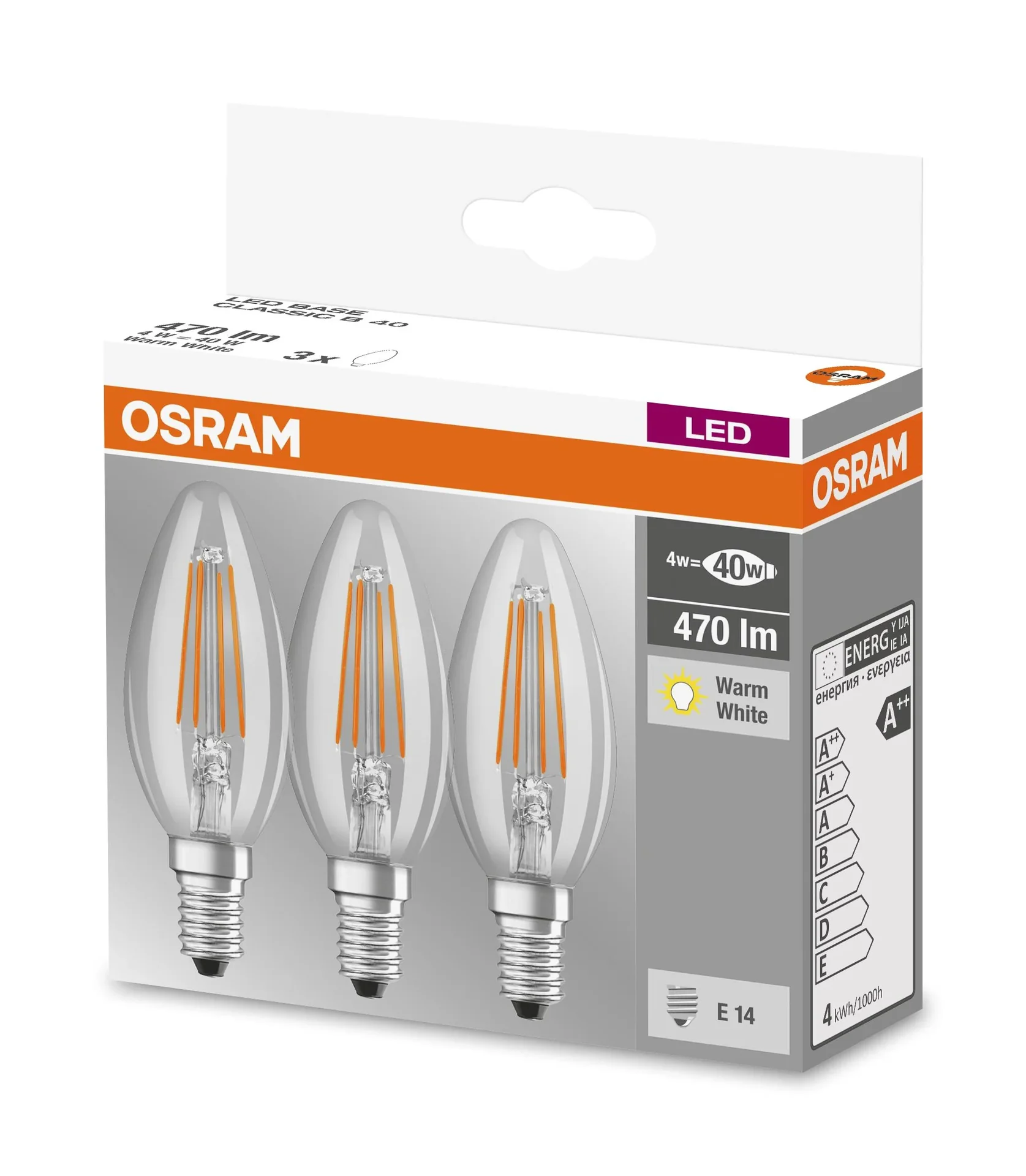 BASE FILAMENT LED Kerze mit 4 Watt, E14, warmweiß, klar - 3 Stück - 1