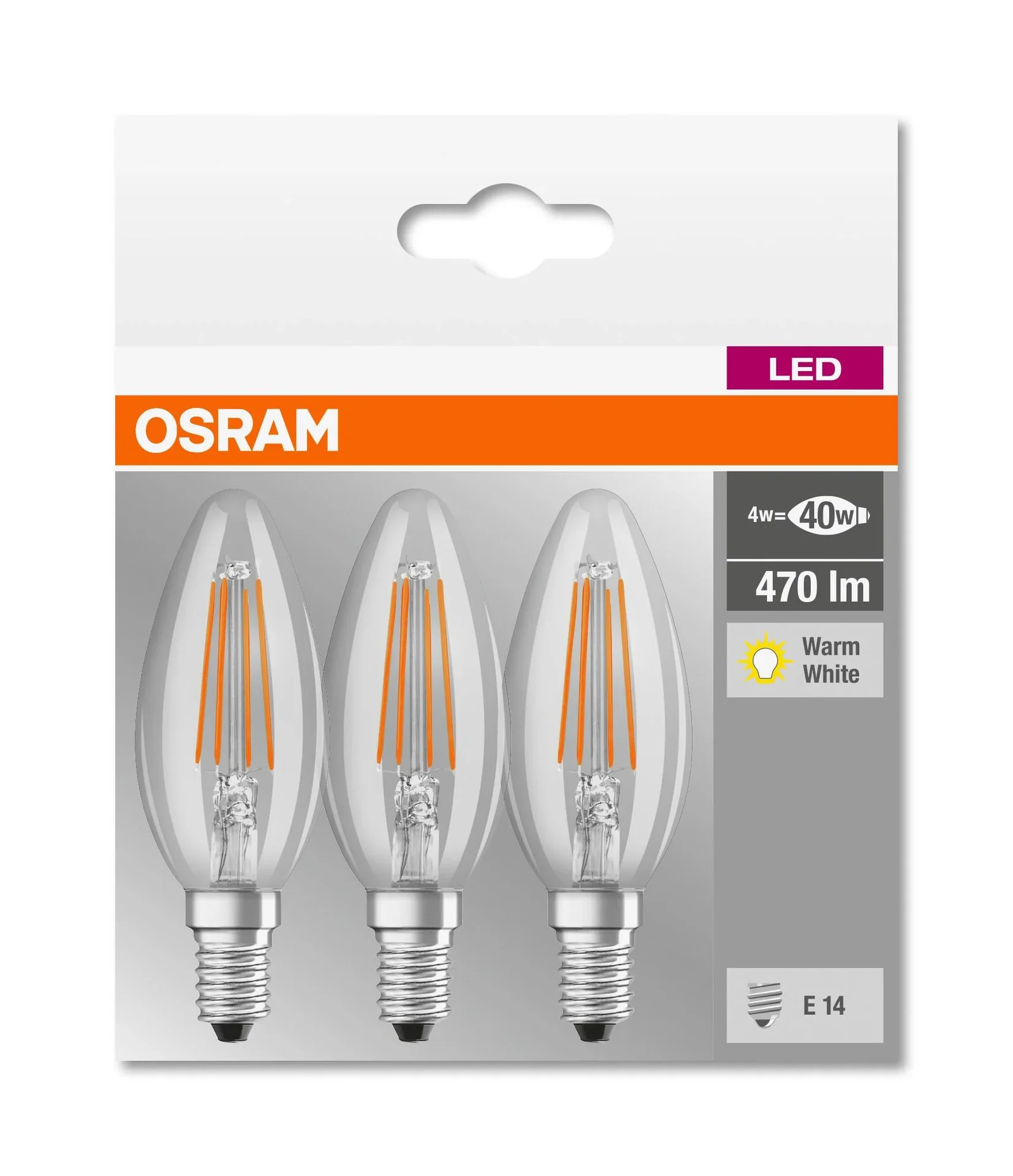 BASE FILAMENT LED Kerze mit 4 Watt, E14, warmweiß, klar - 3 Stück - 3