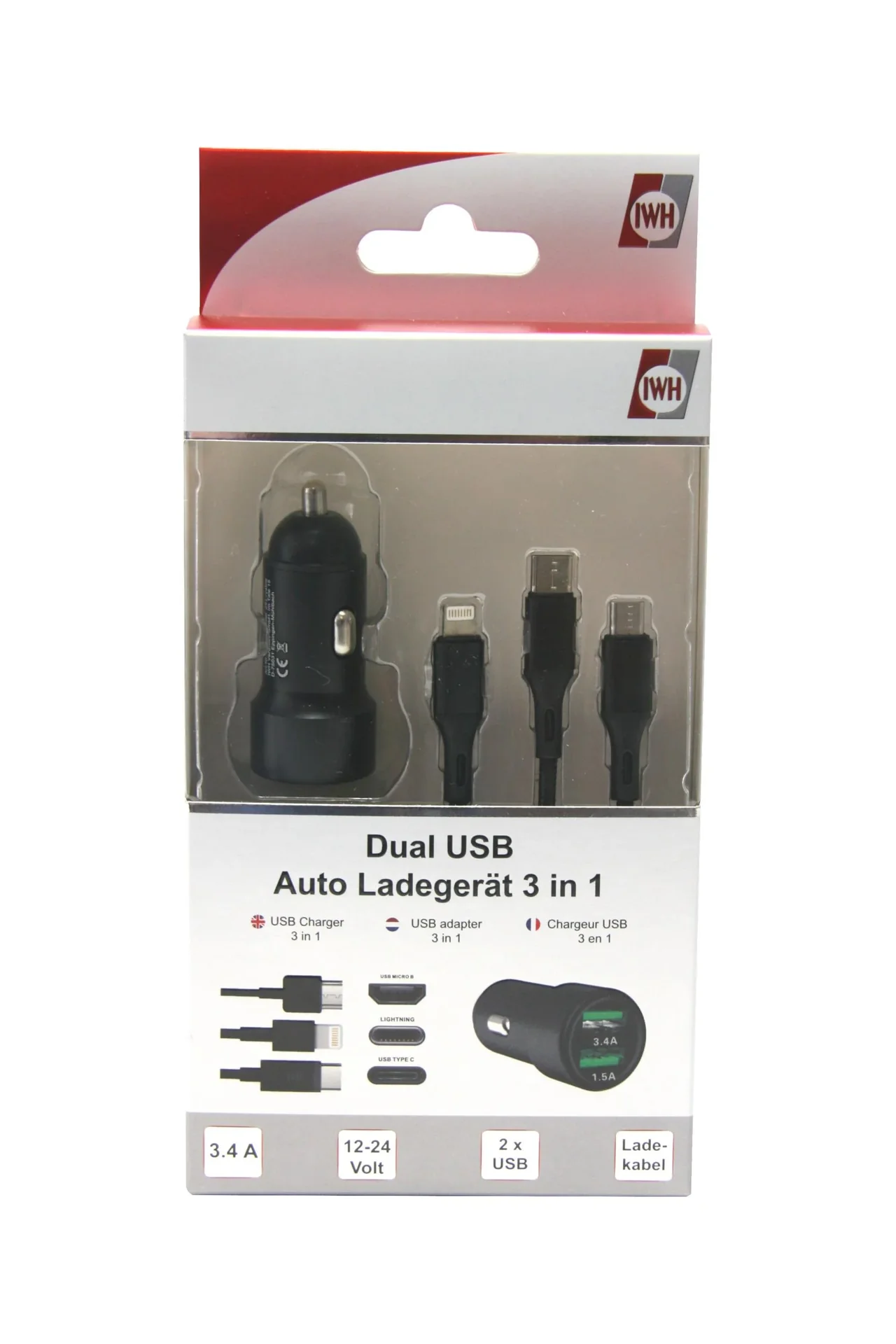 USB-Auto Ladegerät, Dual - 3in1 - 12/24 Volt - 1,5A + 3,4A - 0