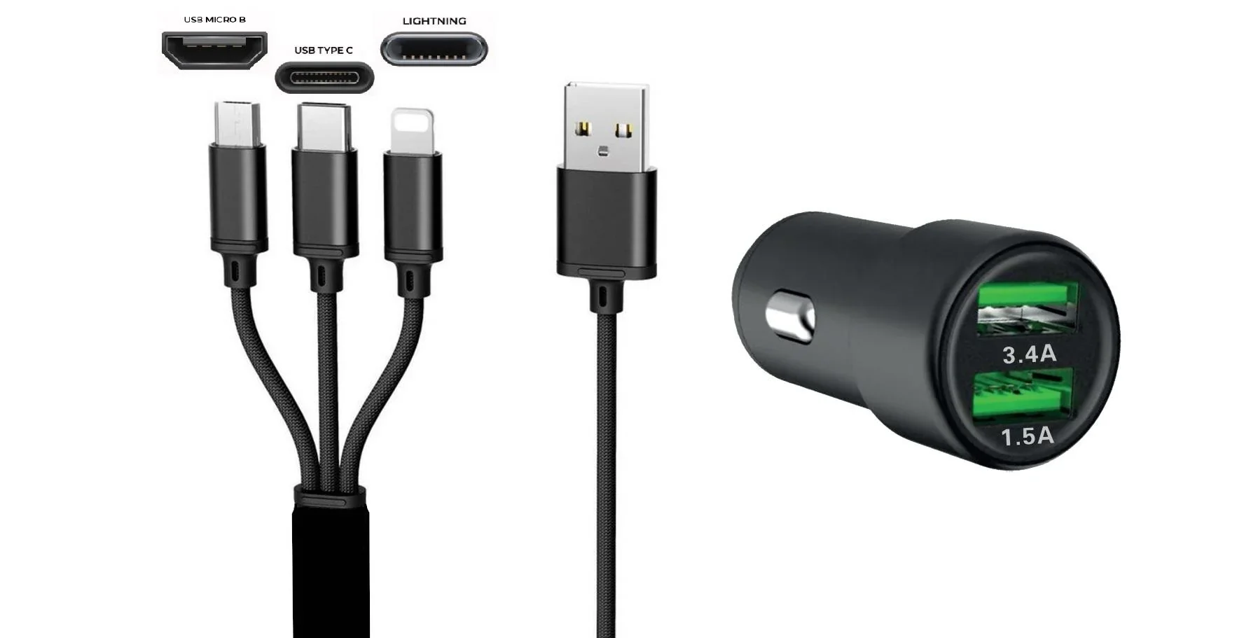 USB-Auto Ladegerät, Dual - 3in1 - 12/24 Volt - 1,5A + 3,4A - 1