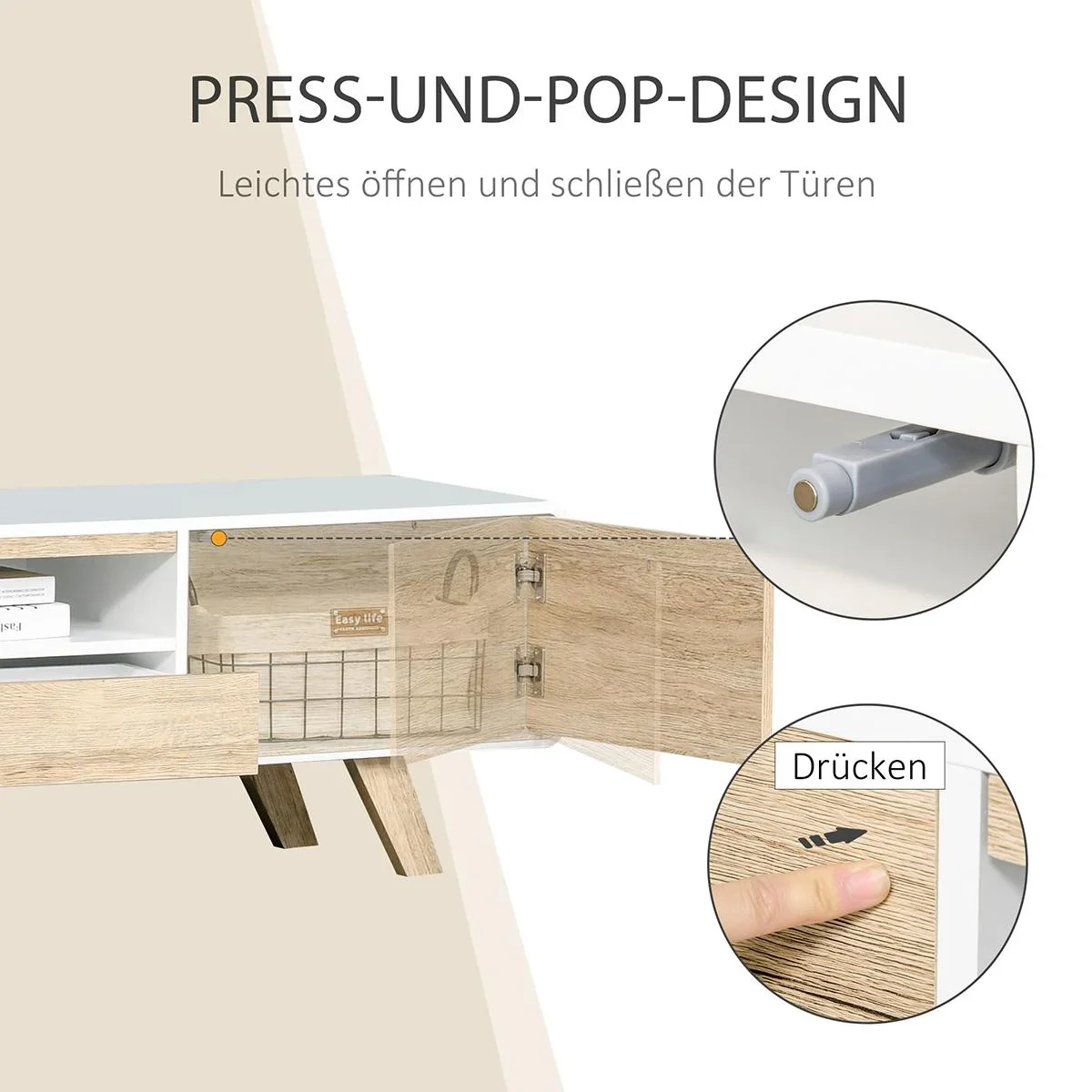TV Schrank TV Lowboard Kommode für Fernseher kleiner als 60'' mit Push-In-Design Schublade Wohnzimmer MDF Weiß+Natur 160 - 0