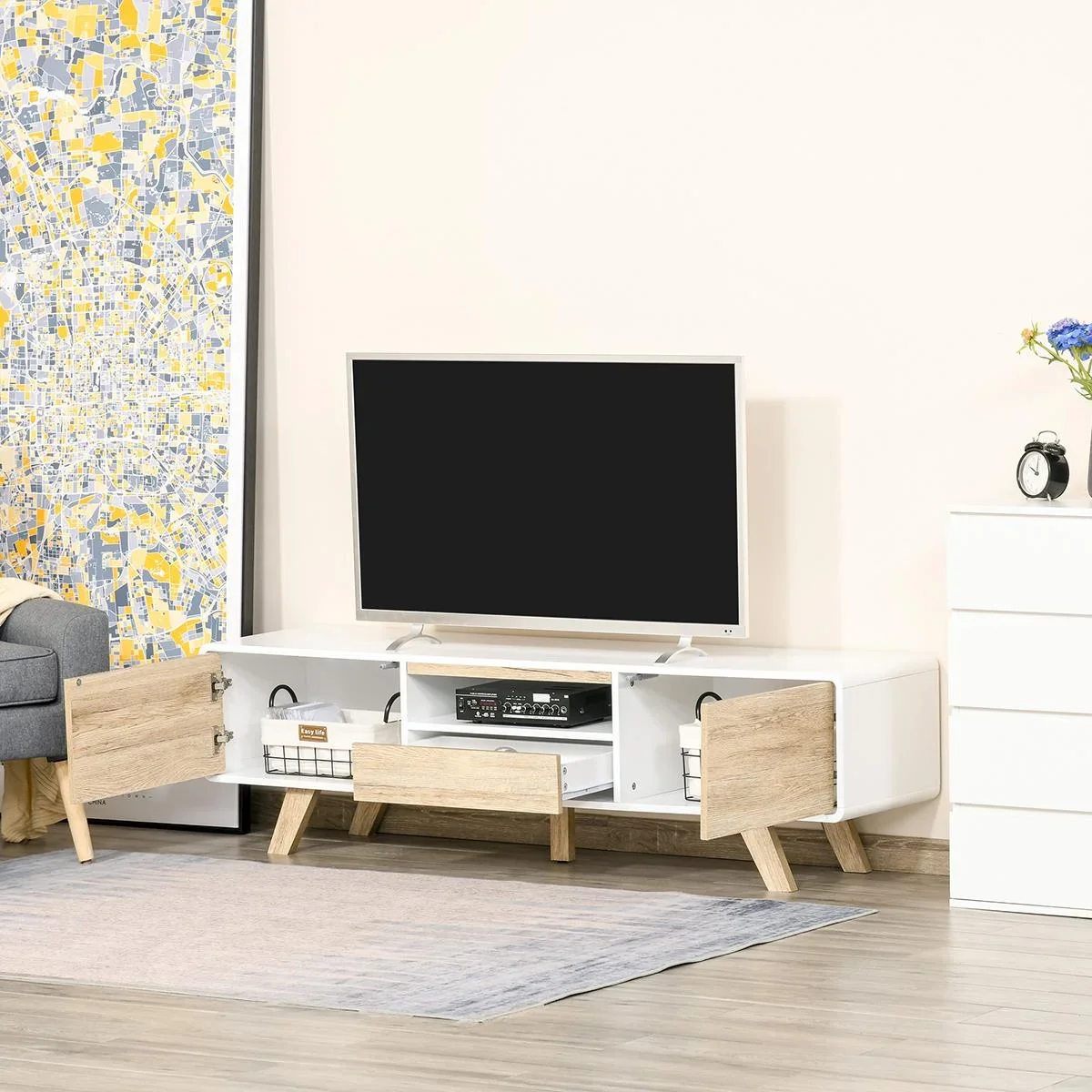 TV Schrank TV Lowboard Kommode für Fernseher kleiner als 60'' mit Push-In-Design Schublade Wohnzimmer MDF Weiß+Natur 160 - 1