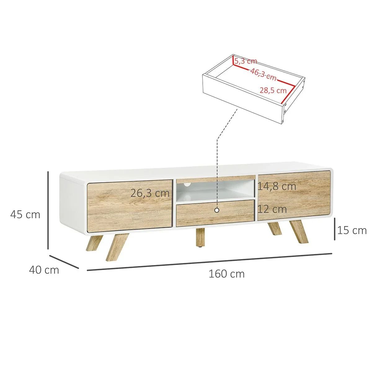 TV Schrank TV Lowboard Kommode für Fernseher kleiner als 60'' mit Push-In-Design Schublade Wohnzimmer MDF Weiß+Natur 160 - 3