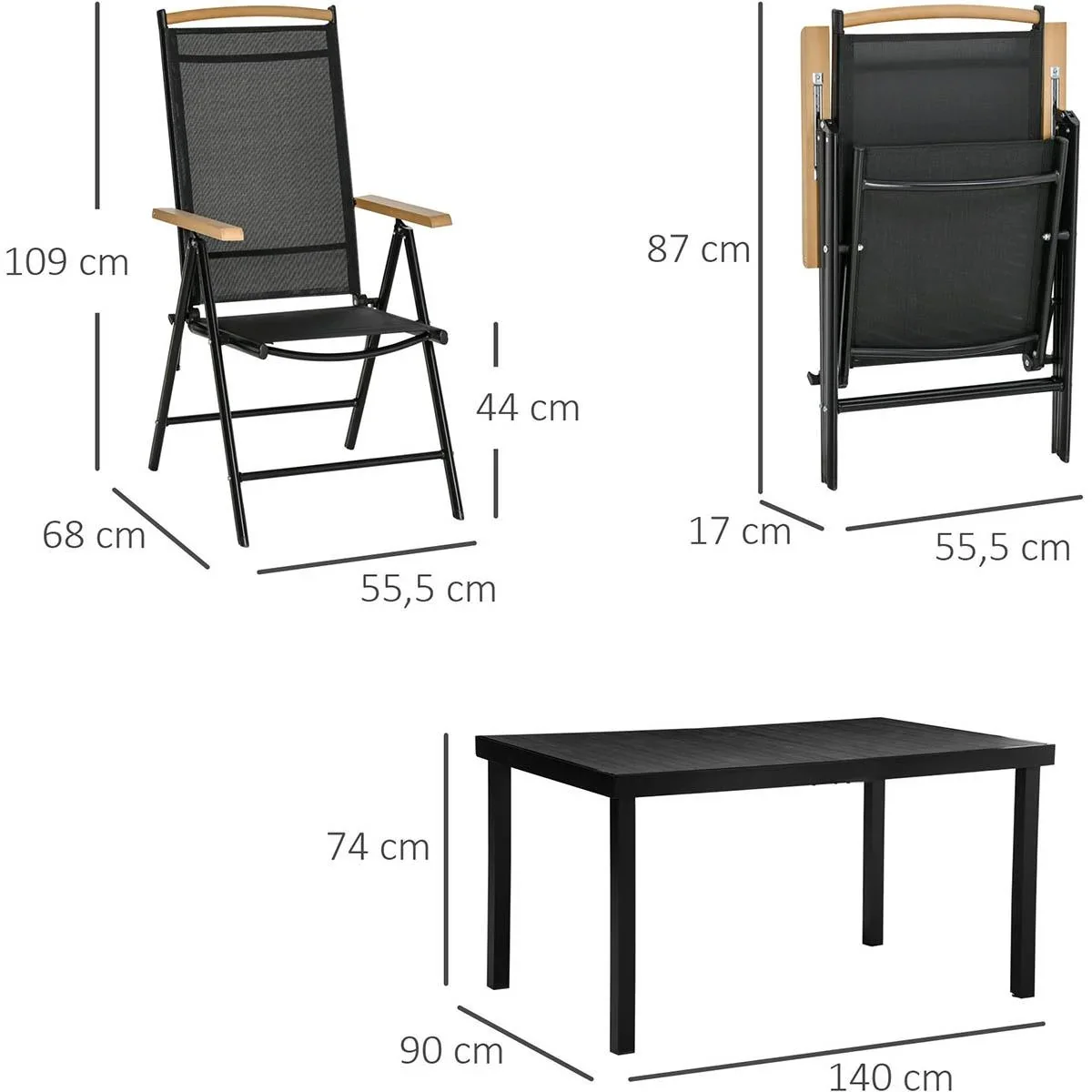 Garten-Set 7-teilig - klappbar - Aluminium/Mesh - Schwarz - 2