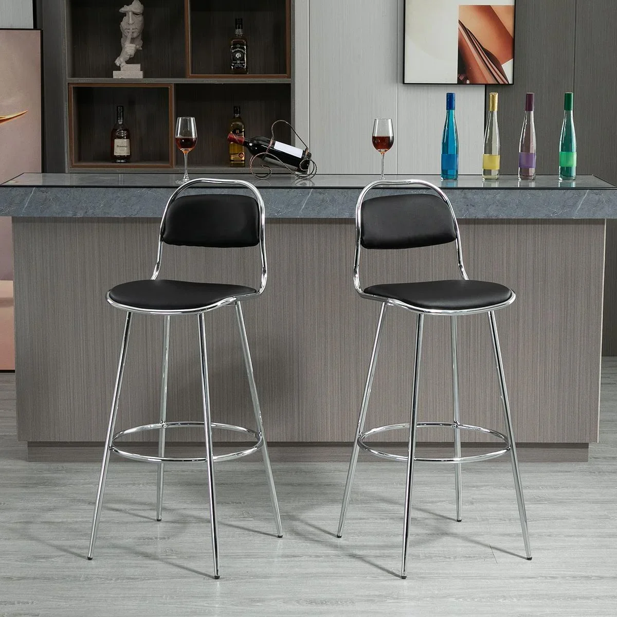 2-tlg. Barhocker Küchenhocker mit Rückenlehne Kunststoffstifte für Küche Esszimmer Metall PU Schaumstoff Schwarz 42,5 x - 1