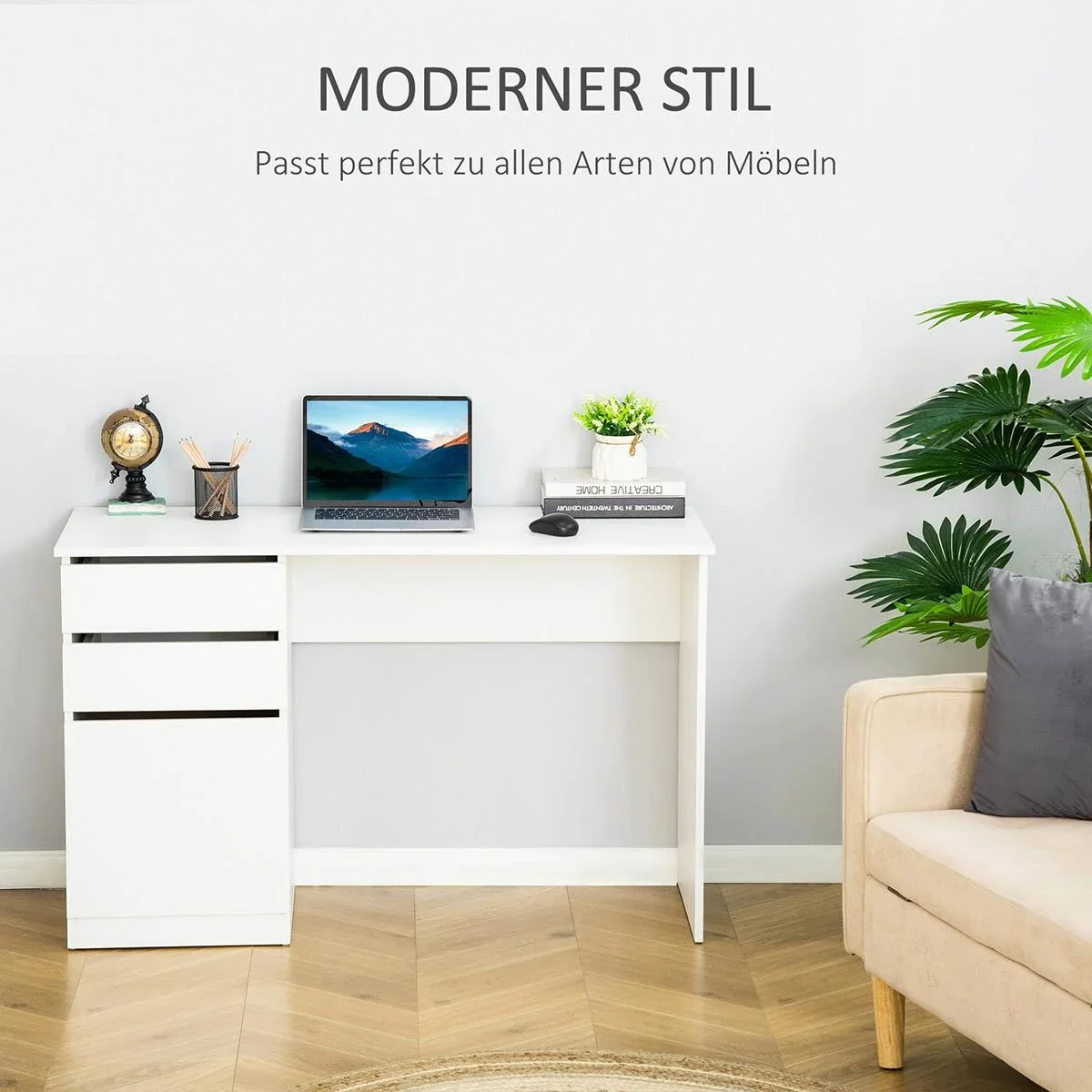 Schreibtisch Computertisch mit 2 Schubladen Schrank Arbeitstisch Bürotisch große Tischplatte modern Weiß 120 x 50 x 75 c - 1