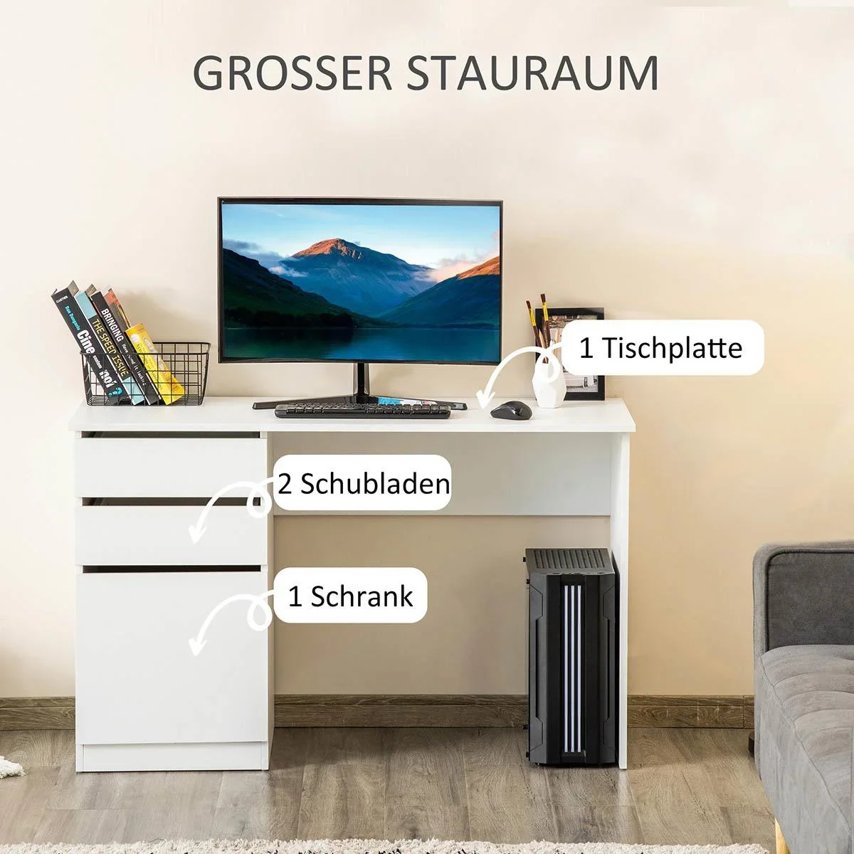 Schreibtisch Computertisch mit 2 Schubladen Schrank Arbeitstisch Bürotisch große Tischplatte modern Weiß 120 x 50 x 75 c - 2