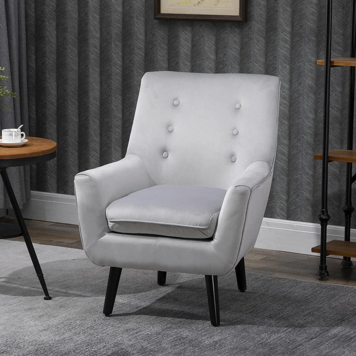 Gepolsterter Sessel Eleganter Retro-Stuhl für Wohnzimmer Schlafzimmer, Polyester, Schaumstoff, Kautschukholz, Grau, 72,5 - 2