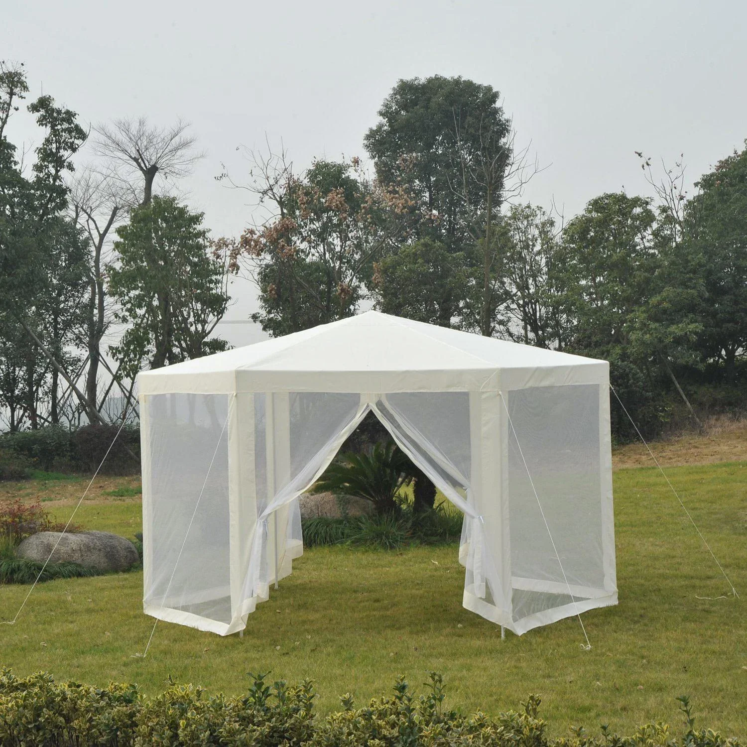 Pavillon 3,9m x 3,9m Partyzelt 6-eckig creme - 5