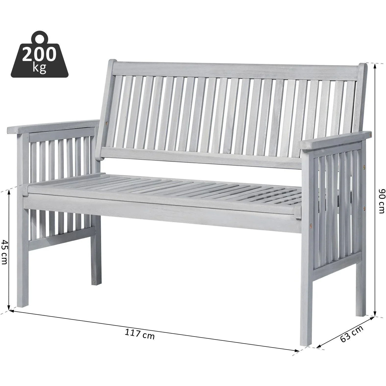 2-Sitzer Sitzbank Gartenbank Holzbank mit Armlehne Landhausstil Akazienholz Grau 117 x 63 x 90 cm - 5