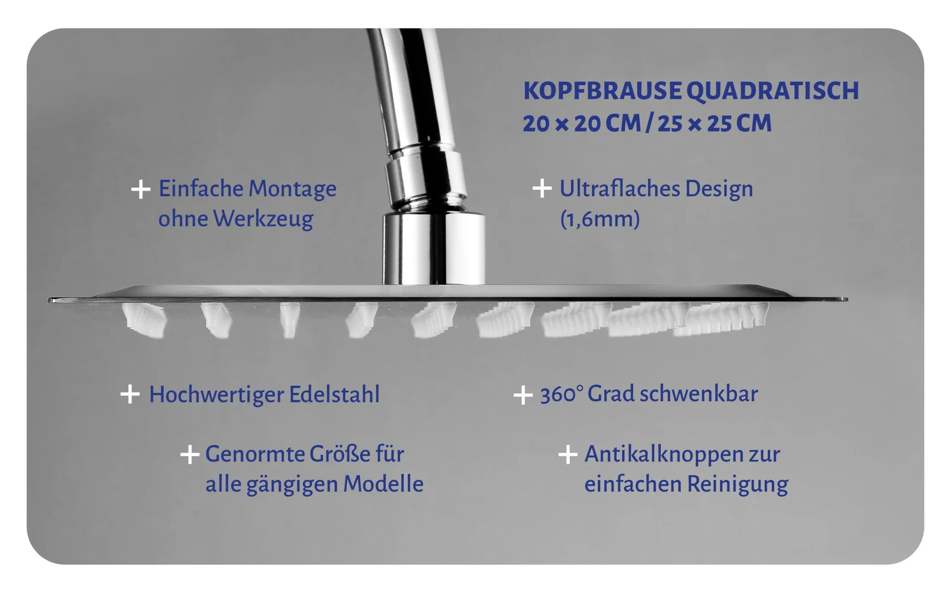 Duschkopf Kopfbrause 20x20 cm Regendusche aus Edelstahl mit 1 Strahlart G1/2 individuell einsetzbar - 1