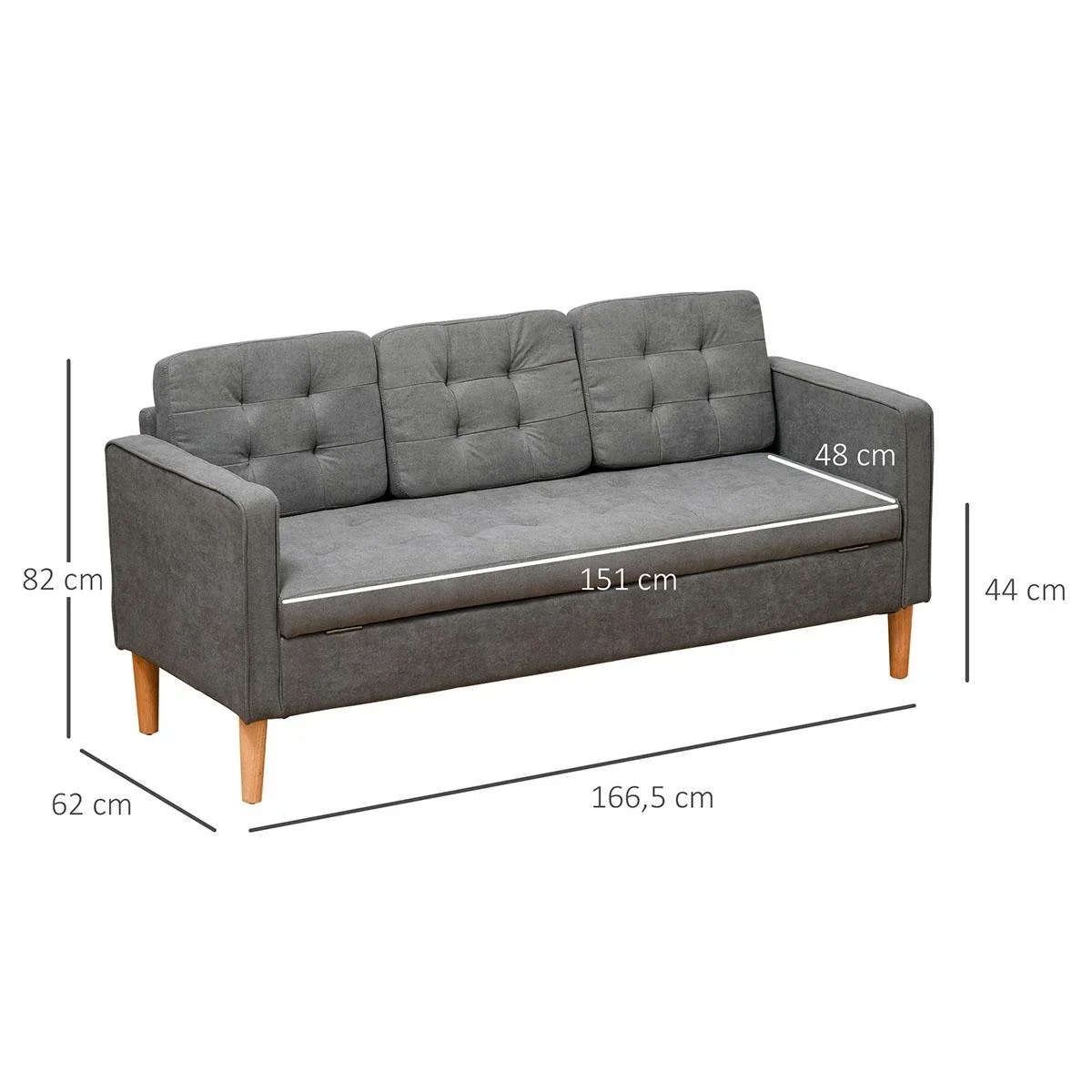 3-Sitzer Sofa Stoffsofa Doppelsofa abnehmbar mit Kissen Gummiholz Baumwoll Grau 166,5 x 62 x 82 cm - 1