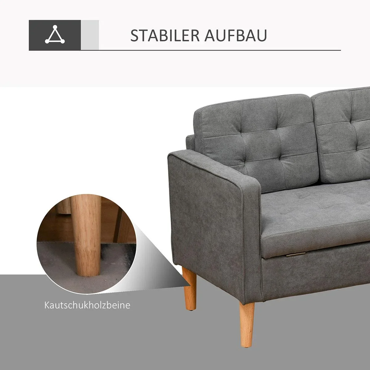 3-Sitzer Sofa Stoffsofa Doppelsofa abnehmbar mit Kissen Gummiholz Baumwoll Grau 166,5 x 62 x 82 cm - 2