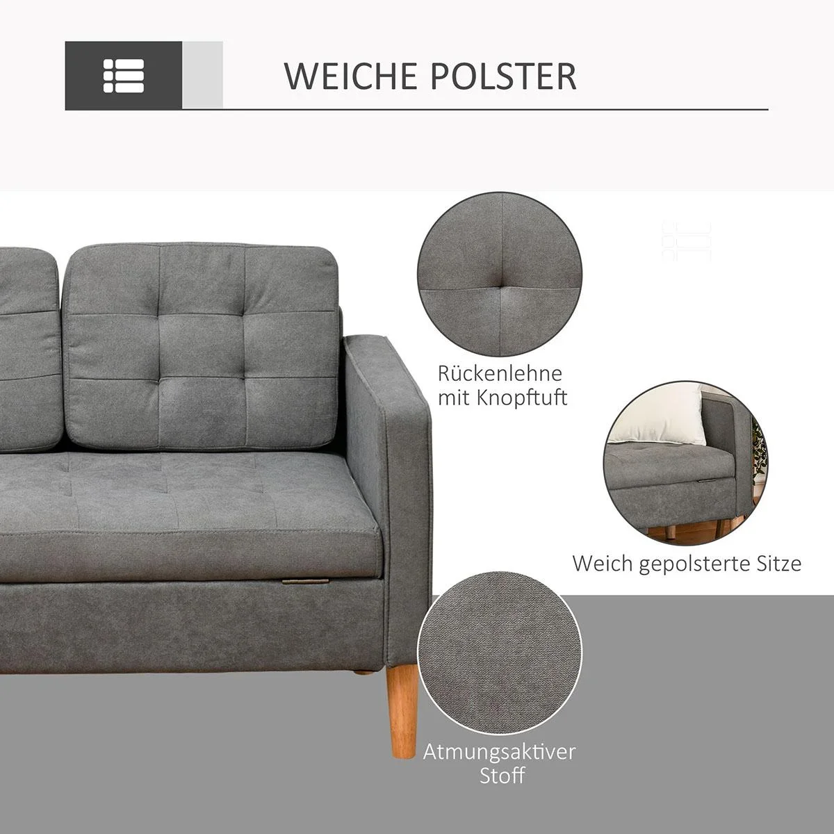3-Sitzer Sofa Stoffsofa Doppelsofa abnehmbar mit Kissen Gummiholz Baumwoll Grau 166,5 x 62 x 82 cm - 3