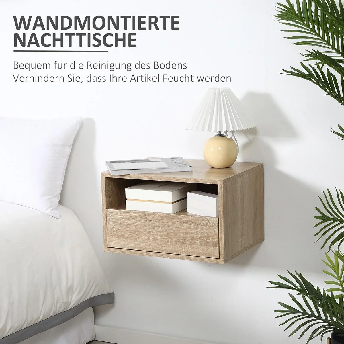 2 tlg. Wandnachttische Nachttisch Hängeschrank mit Schublade Spanplatte Natur 45 x 35 x 27,5 cm - 0