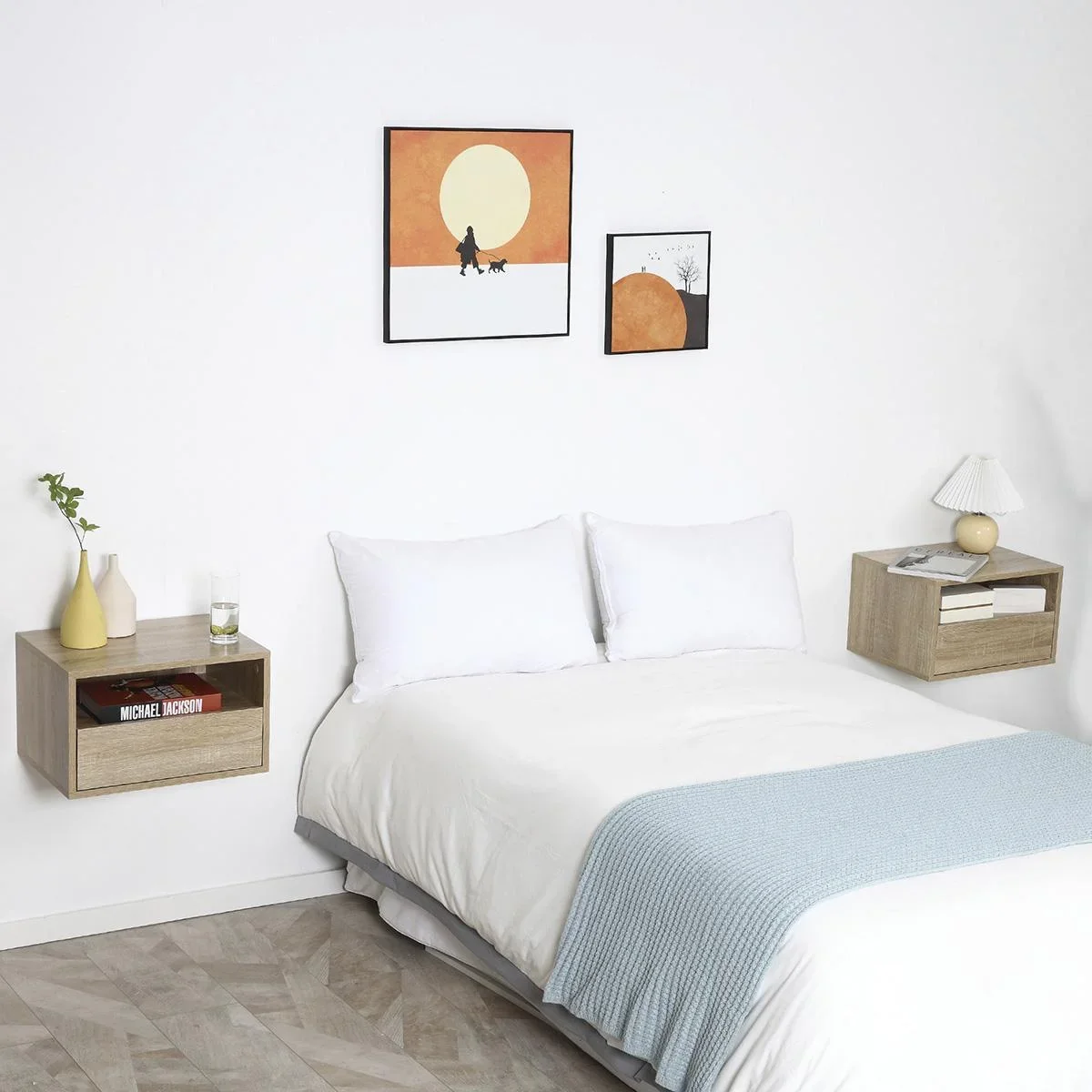 2 tlg. Wandnachttische Nachttisch Hängeschrank mit Schublade Spanplatte Natur 45 x 35 x 27,5 cm - 3