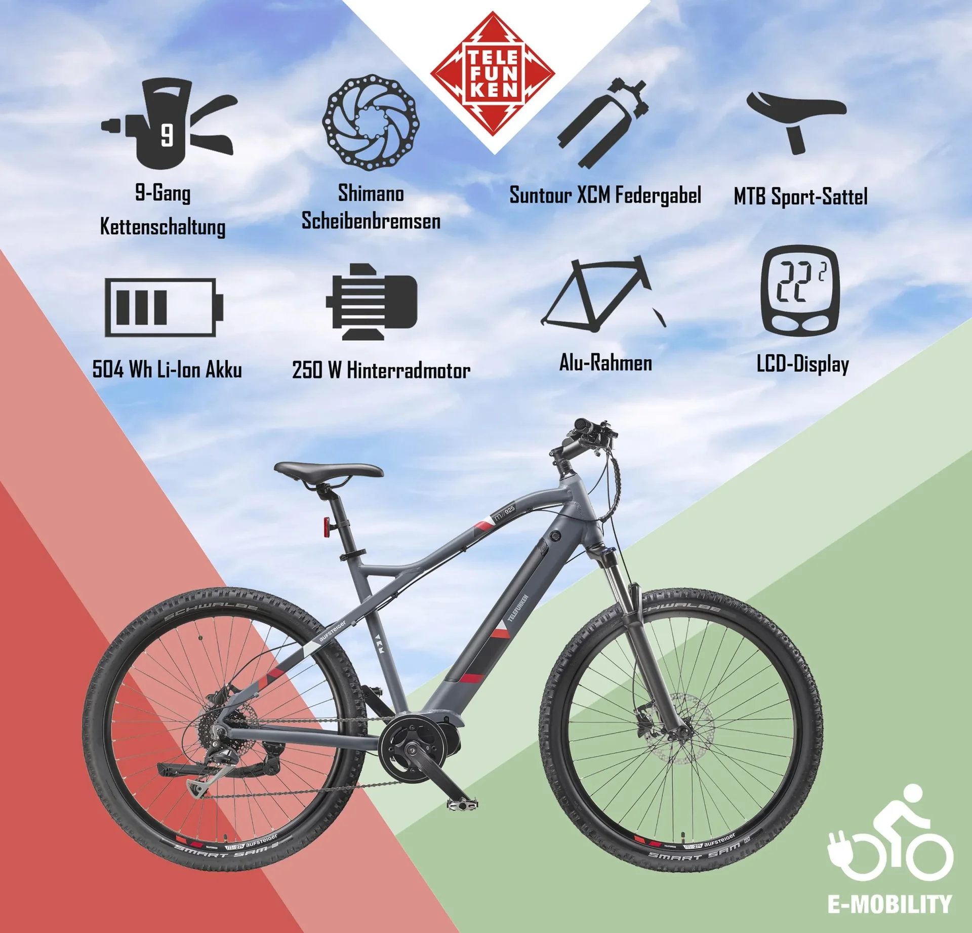 Unisex Alu MTB E-Bike, 29 Zoll, 8-Gang Kettenschaltung, grau, Aufsteiger M925 Hardtail - 7