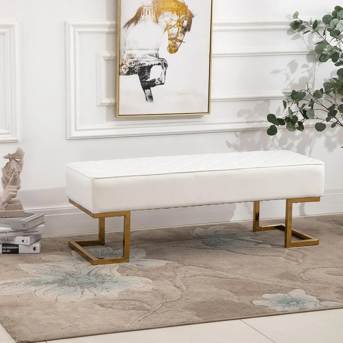 Sitzbank für Schlafzimmer Truhenbank Bettbank Wohnzimmer Kunstleder Metall Weiß+Gold 120 x 43 x 42 cm - 1
