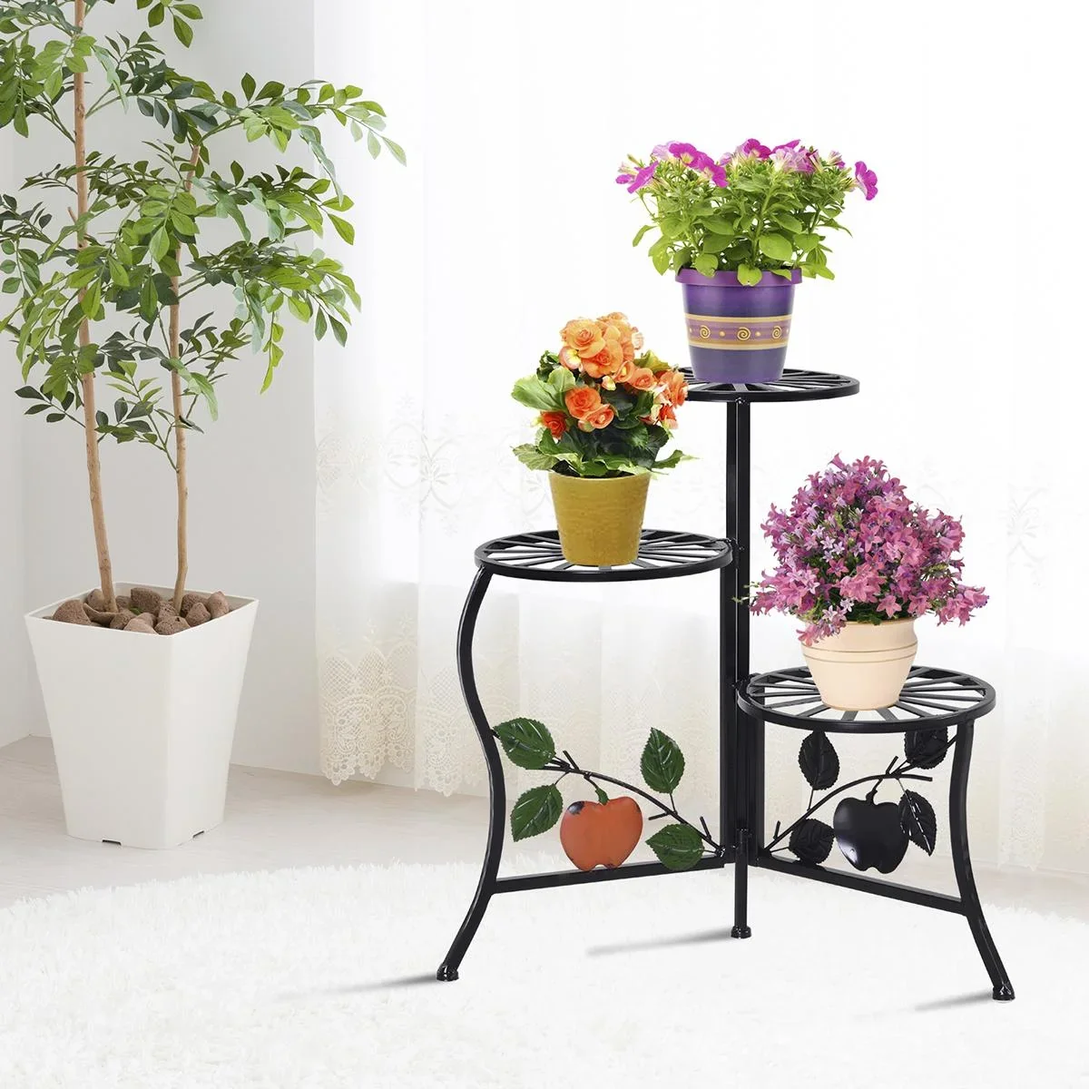 Blumenständer mit 3 Ablagen schwarz - 0