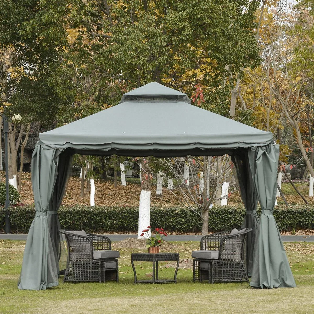 Gartenpavillon Pavillon Gartenzelt Festzelt Partyzelt mit 4 x Seitenwand wetterfest Aluminium Polyester Grau 3 x 3 x 2,7 - 2